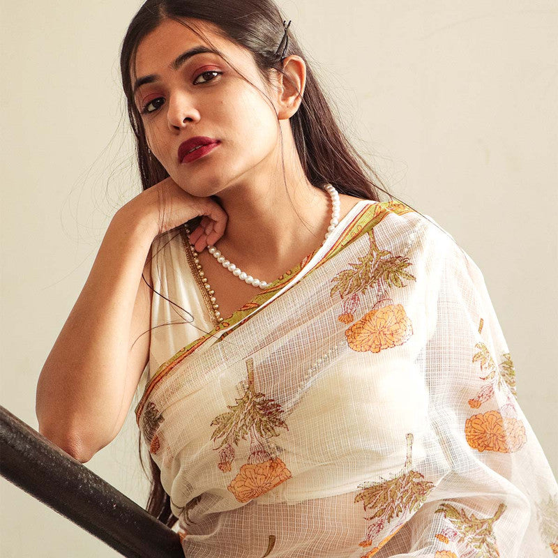 Festive Wear | Handblock Printed Kota Doria Saree | White、mySite、camillekostekn