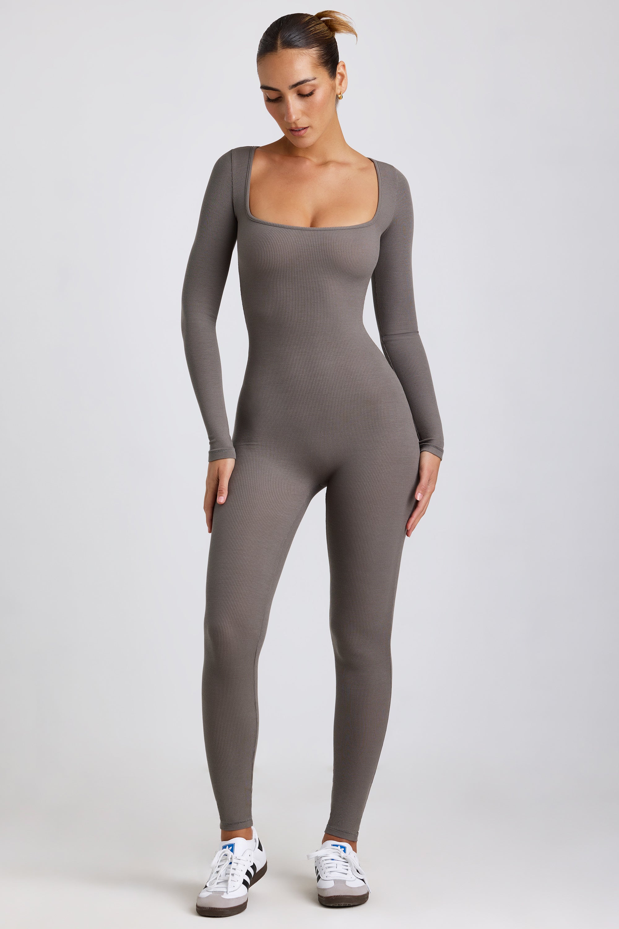 Ribbed Modal Long Sleeve Jumpsuit in Grey、mySite、solidvoid
