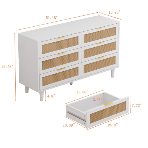 51.18"6-Drawers Rattan Storage Cabinet Rattan Drawer,for Bedroom,Living Room,Natural (Same SKU:W757P198980)、、casual