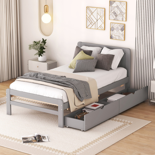 Modern Design Twin Size Platform Bed Frame with 2 Drawers for Walnut Color、、xpatfood