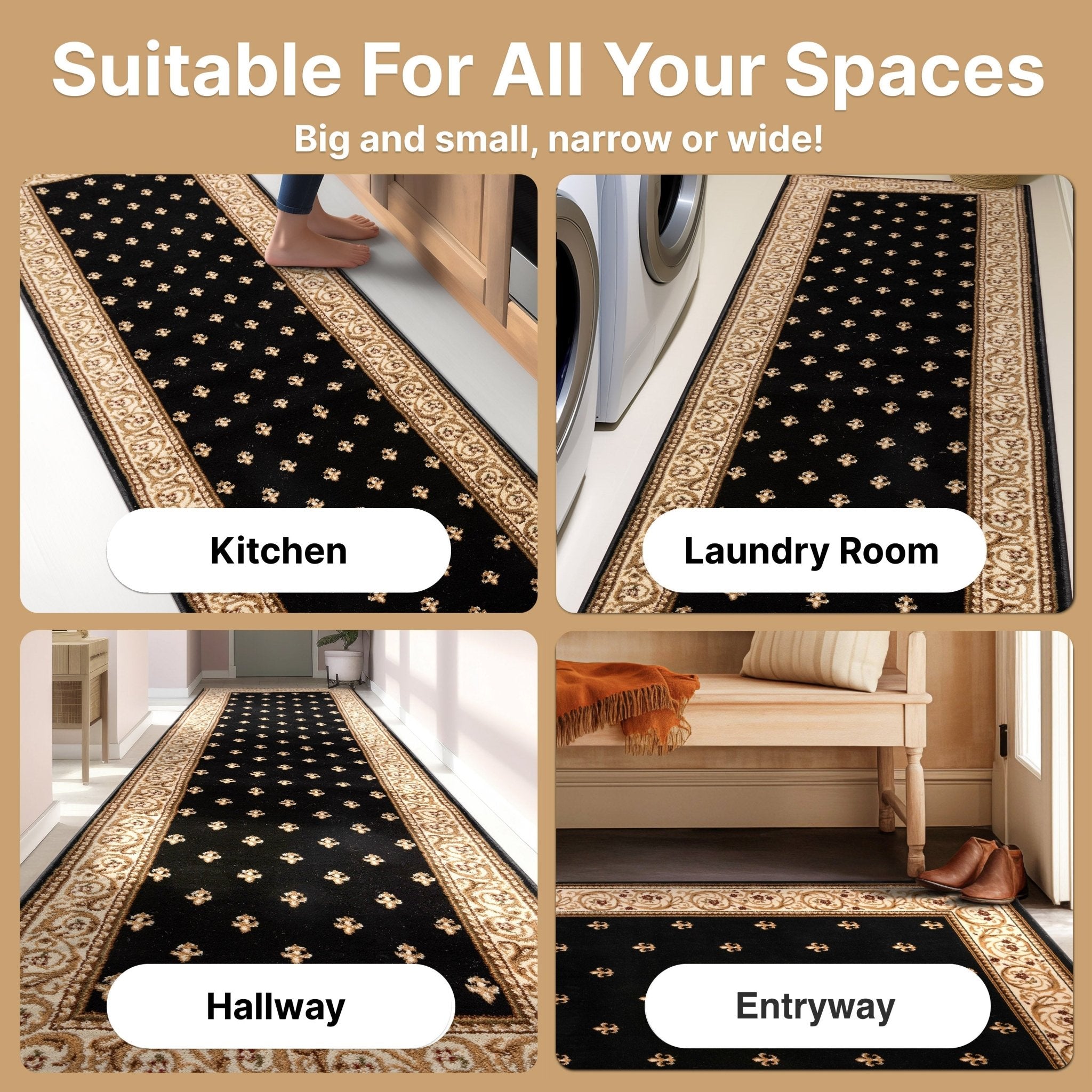 Custom Size Hallway & Stair Runner Fleur de Lis Traditional Black 27 Inch Wide x Choose Your Custom Length Runner Rug、mySite、gigharbornorthrealestate