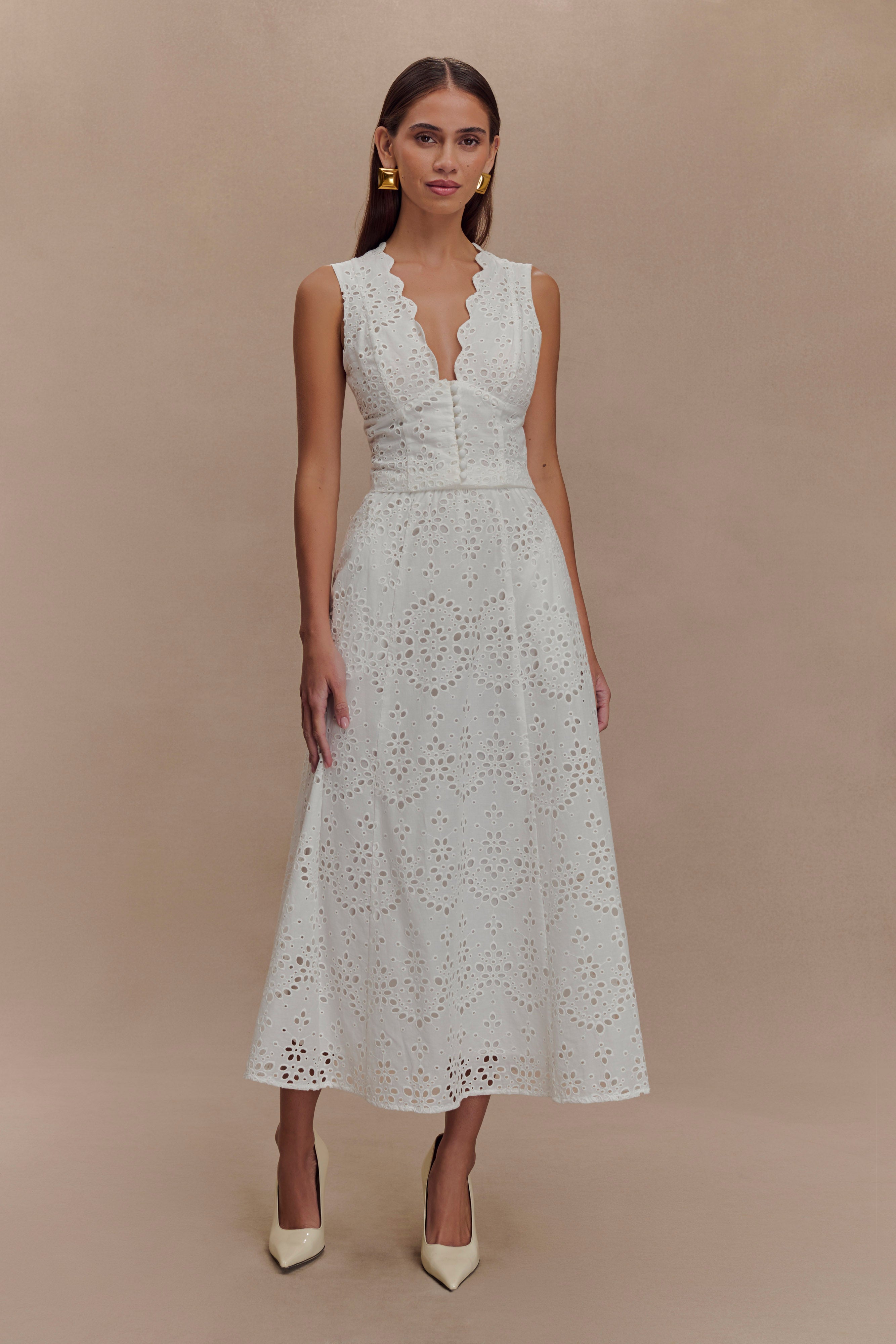 Arla Broderie Midi Skirt - White、mySite、solidvoid