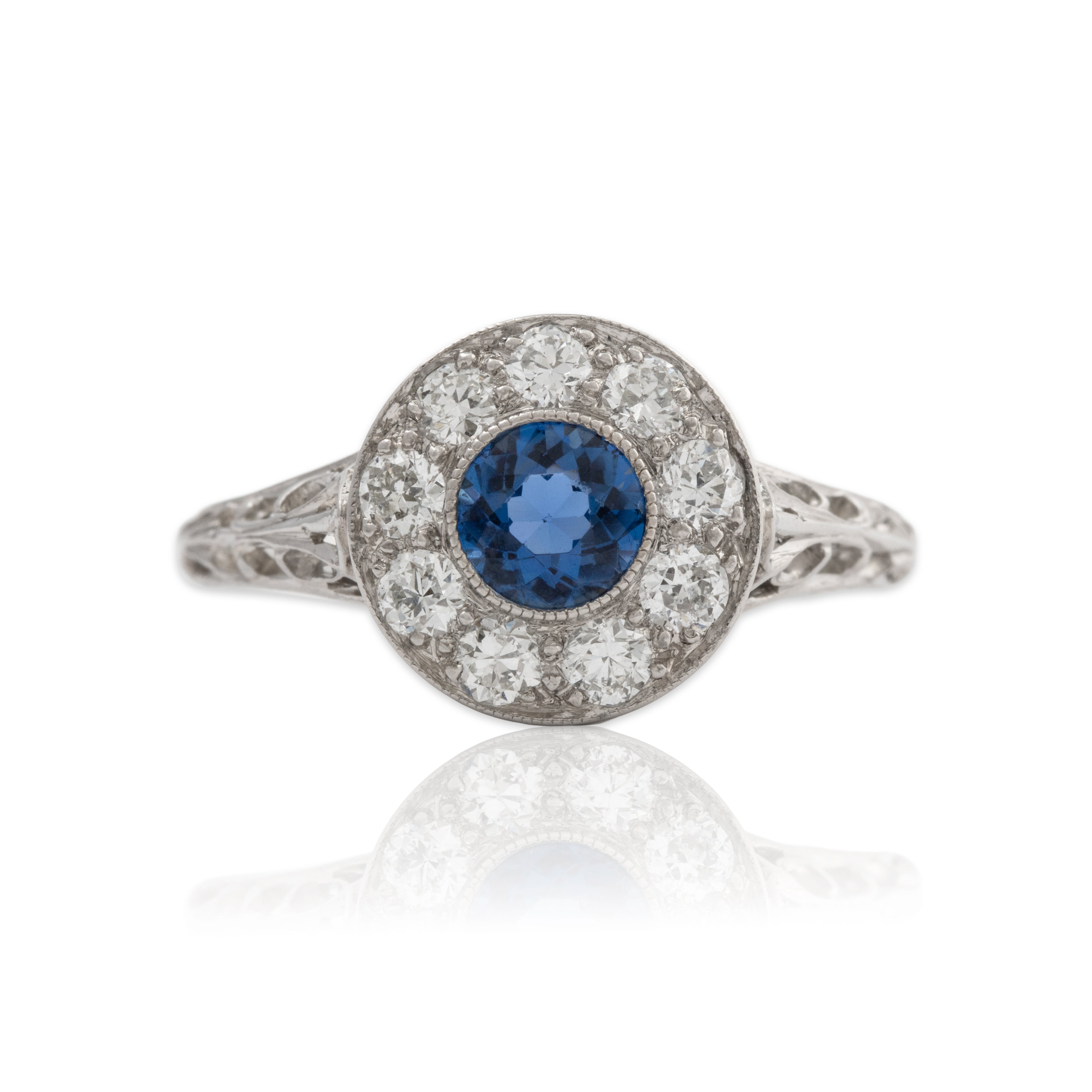 Antique Art Deco Platinum Blue Sapphire .396cttw Diamond Pierced Halo Ring 6.25、mySite、hinf8tx79