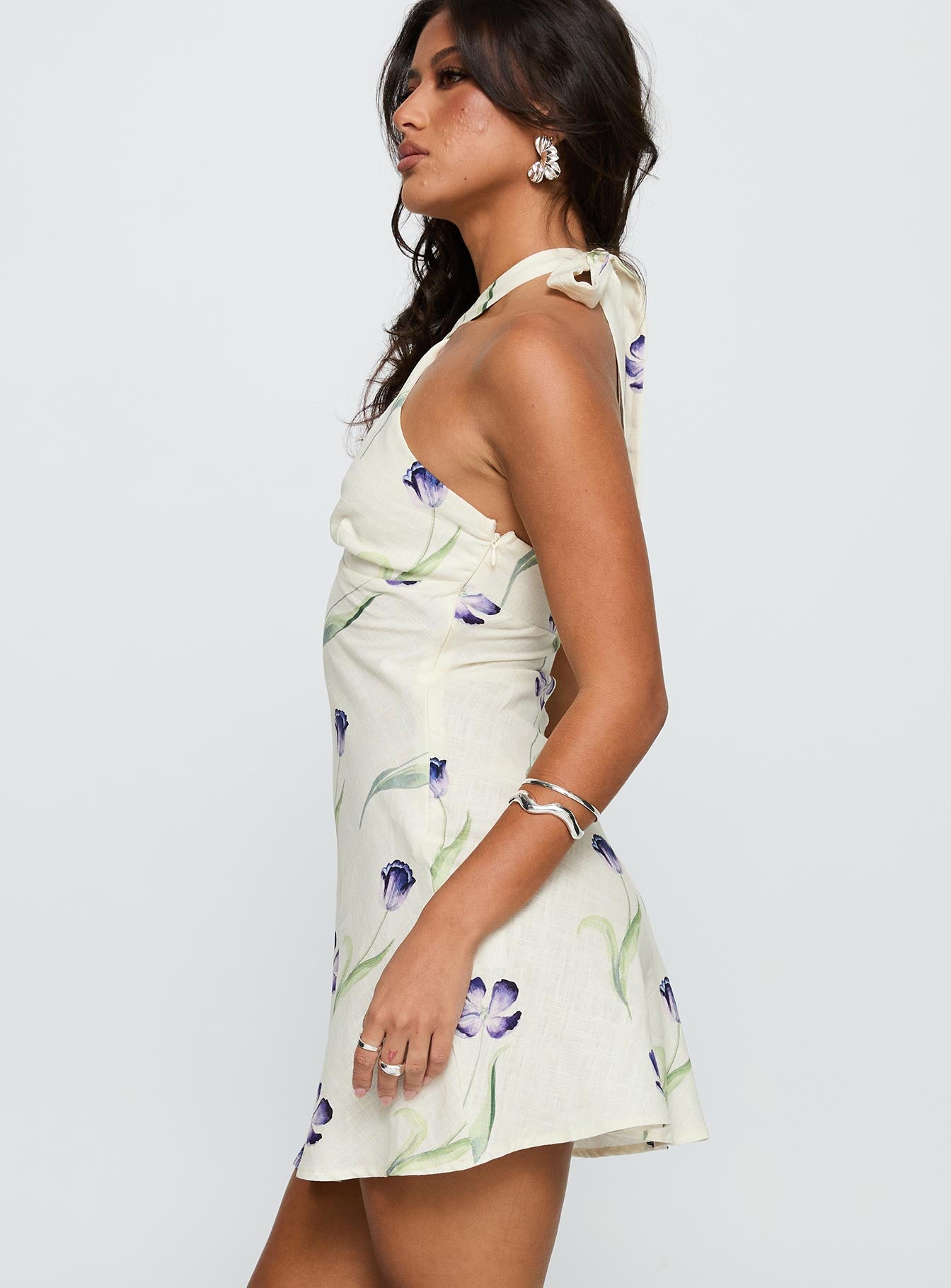 Havenna Halter Linen Blend Mini Dress Cream Floral、mySite、solidvoid