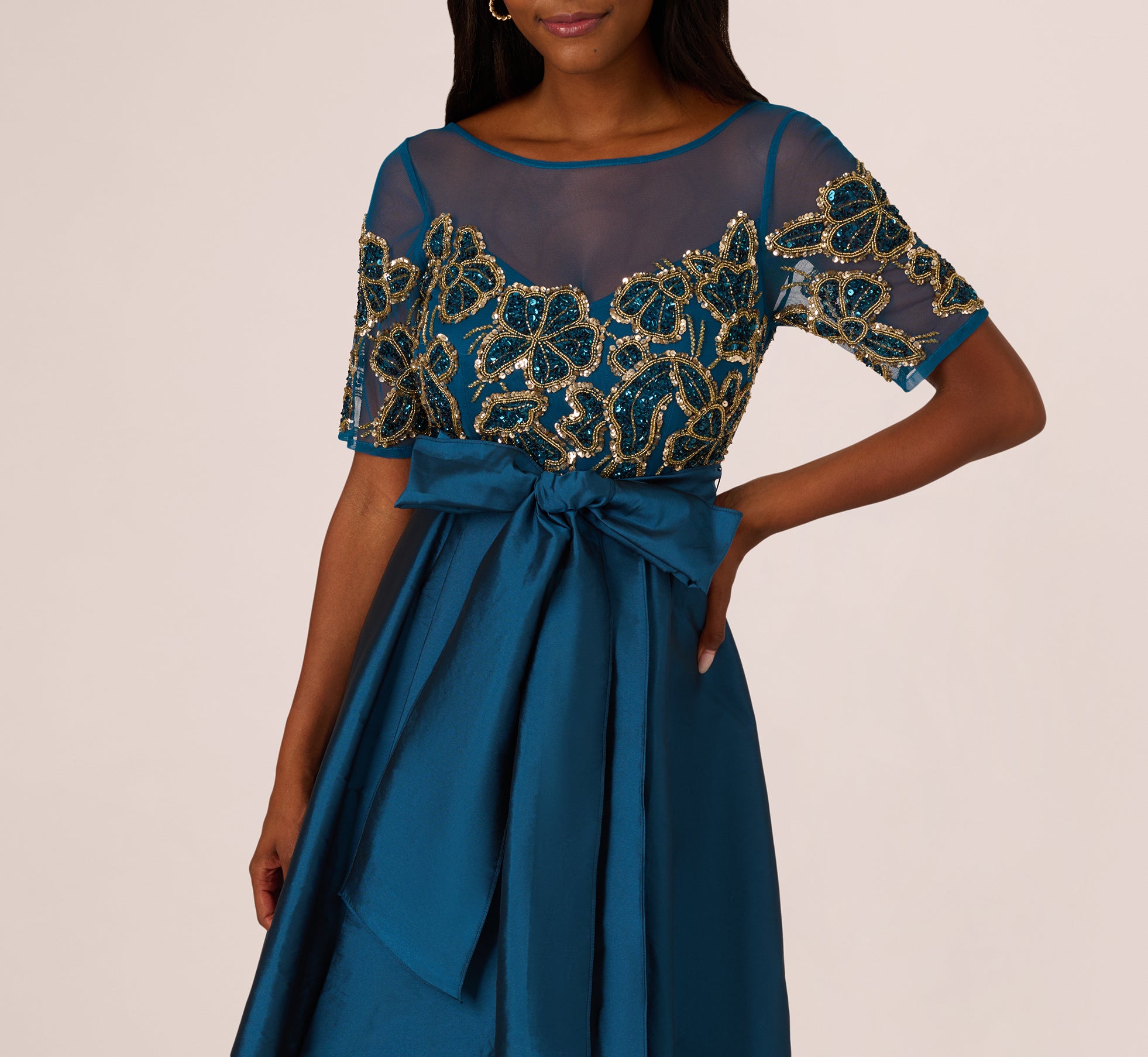 Bead Taffeta High Low Long Dress In Teal Sapphire Gold、mySite、solidvoid