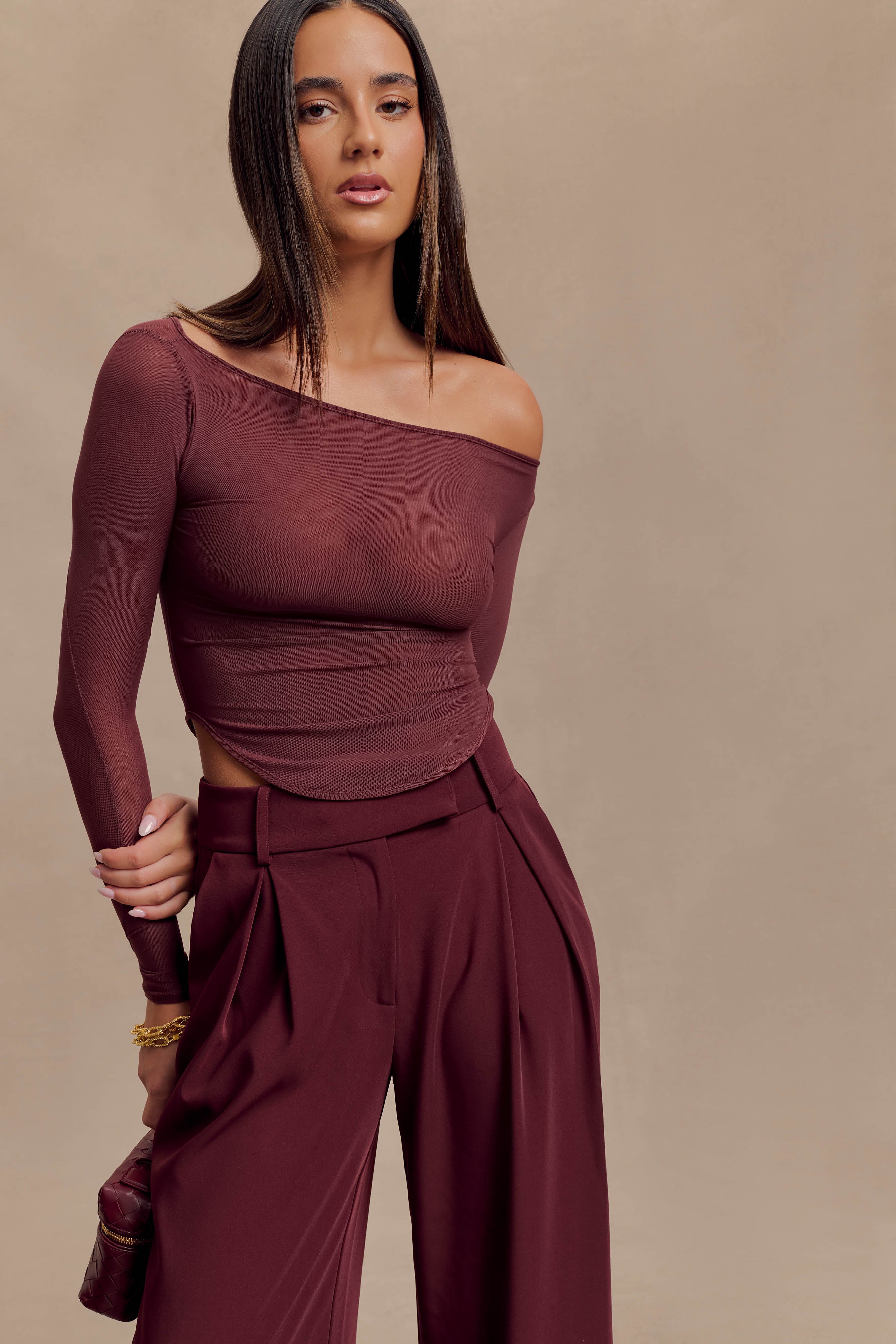 Colette Boat Neck Mesh Top - Mahogany、mySite、solidvoid