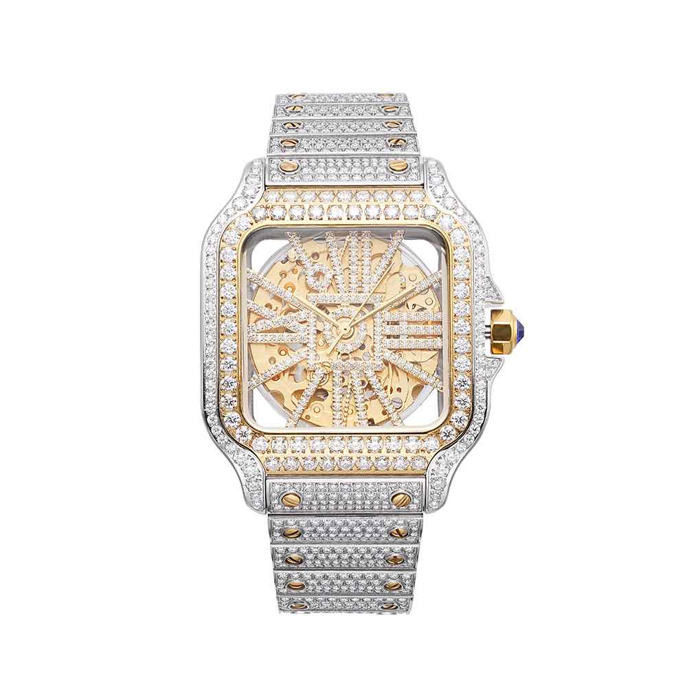 Moissanite Skeleton Watch | 42MM | 14K Yellow Gold | 14.1CT Bust Down、mySite、hinf8tx79