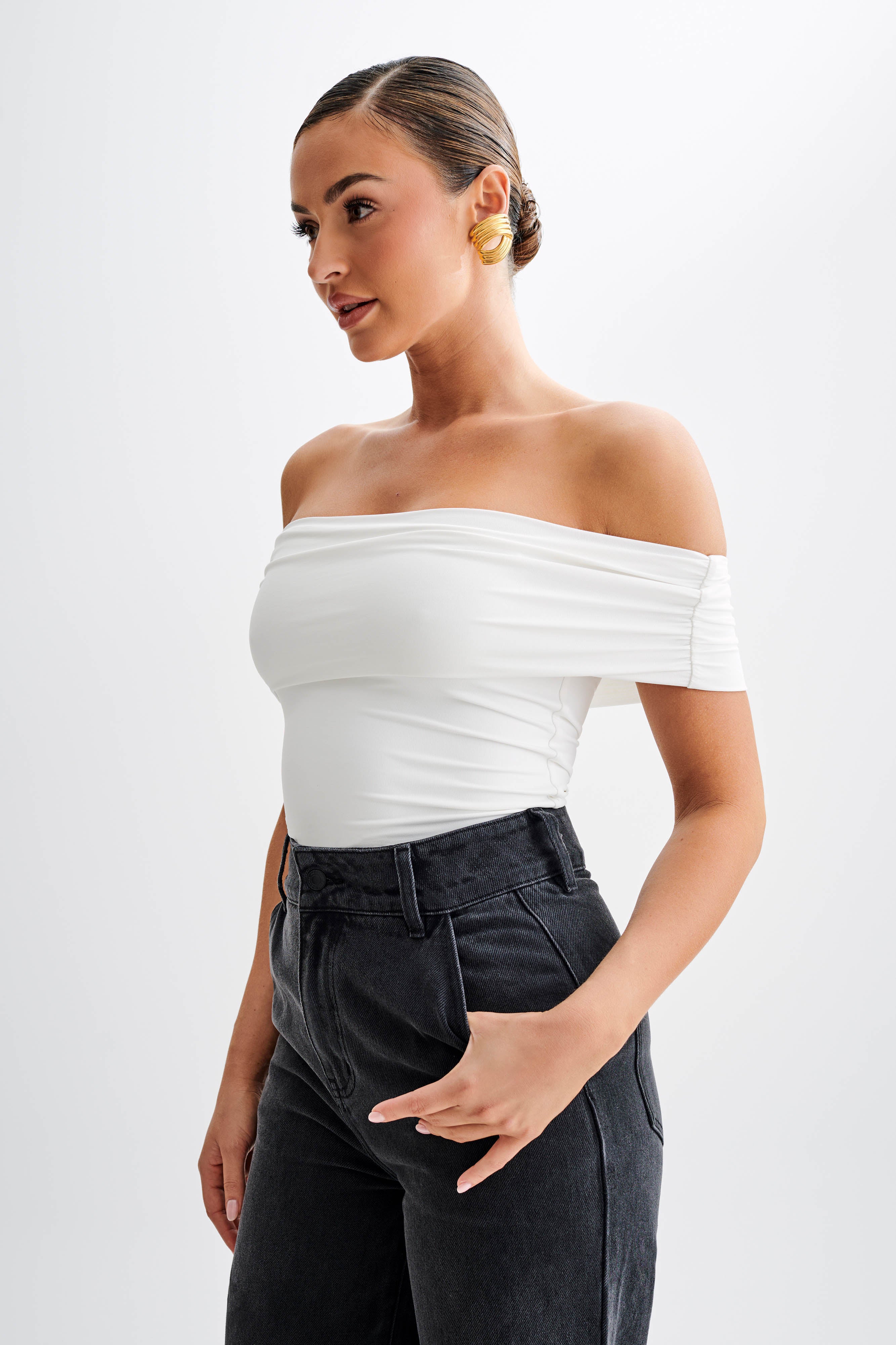 Meena Recycled Nylon Off Shoulder Top - White、mySite、solidvoid