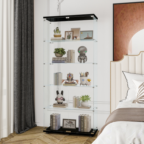 Glass Display Cabinet with 5 Shelves Double Door, Curio Cabinets for Living Room, Bedroom, Office, Black Floor Standing Glass Bookshelf, Quick Installation、、casual