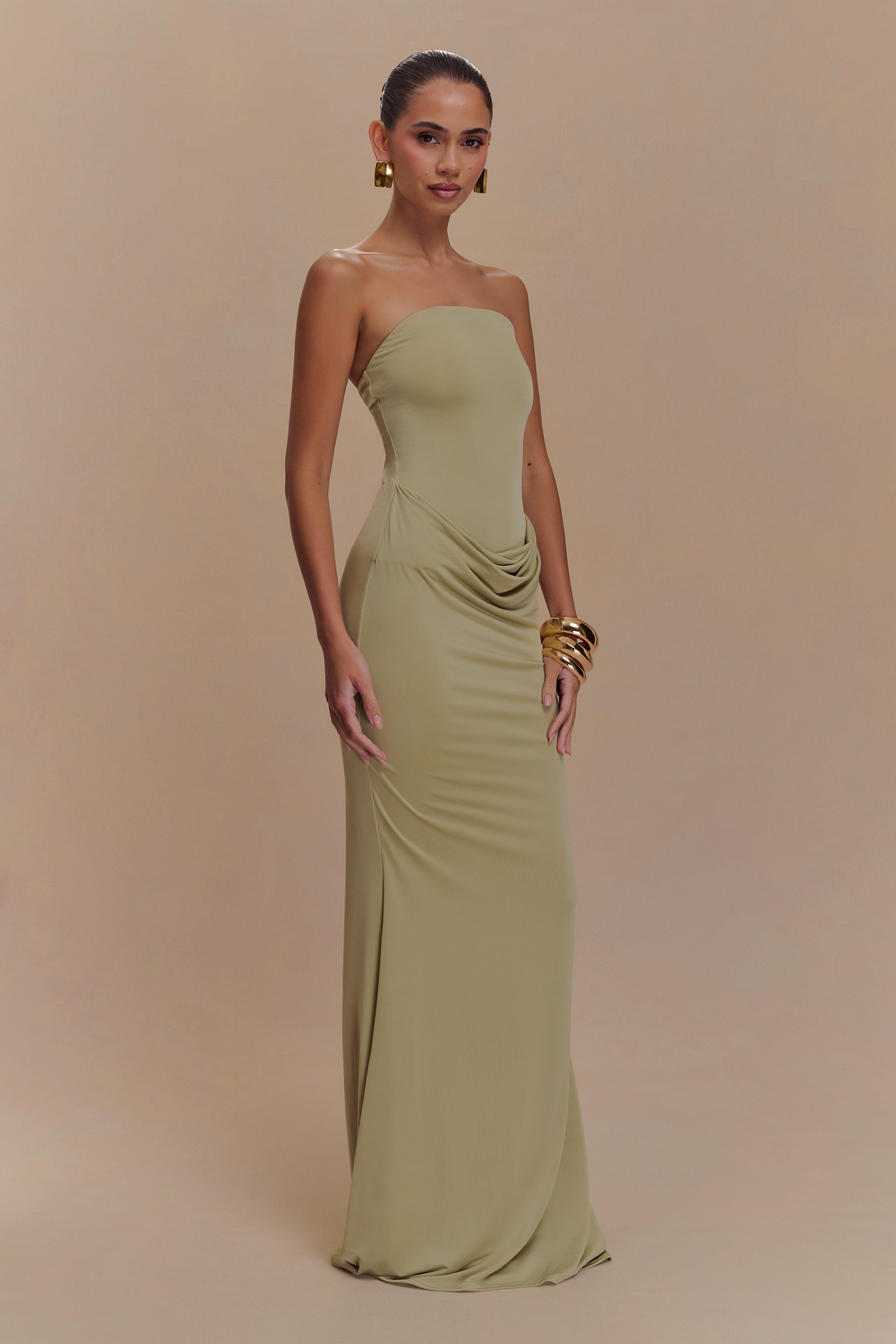 Madison Strapless Slinky Maxi Dress - Sage、mySite、solidvoid