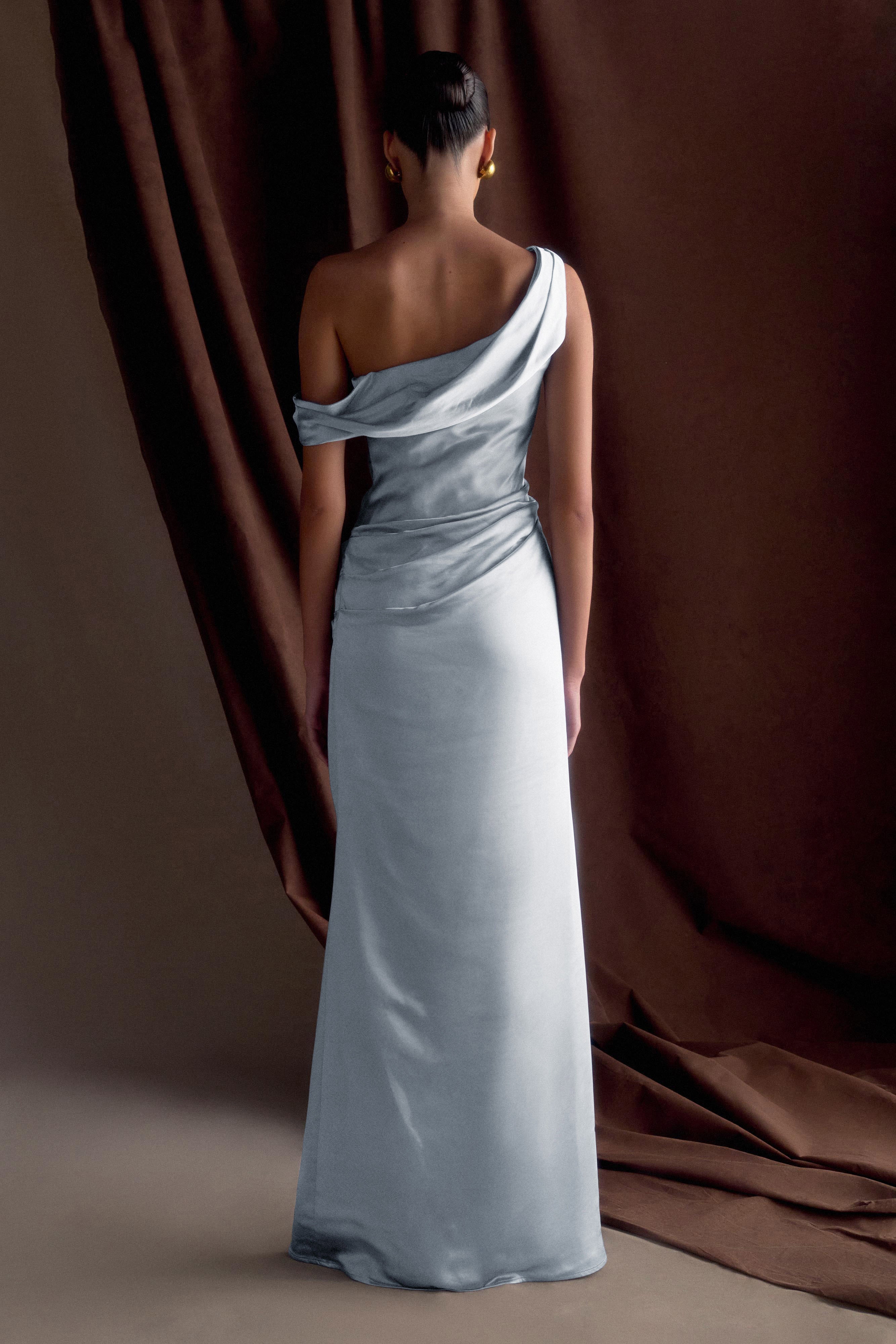 Dalia Off Shoulder Satin Maxi Dress - Frosted Blue、mySite、solidvoid