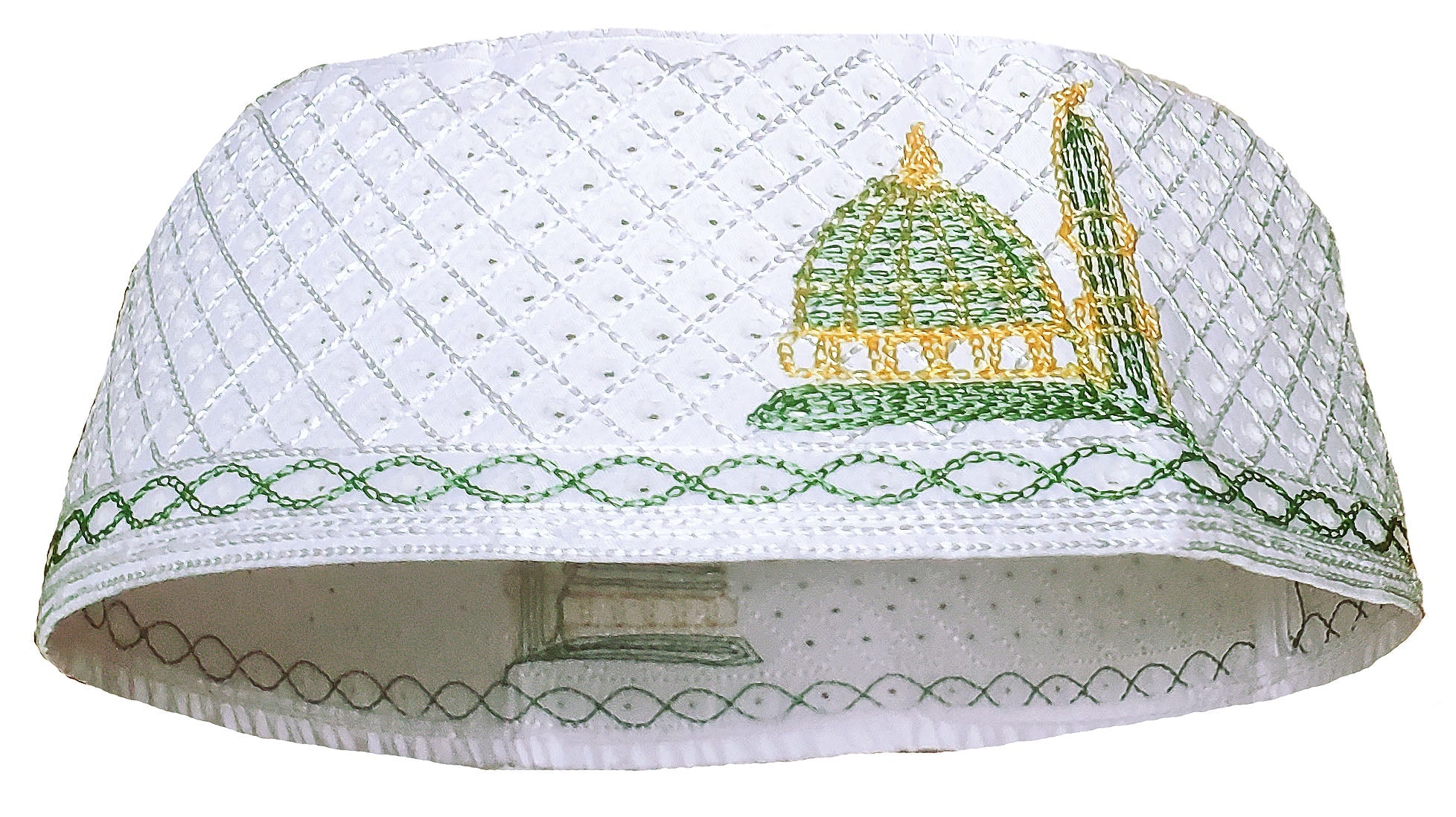 White, Gold and Green Kofia Hat African Embroidered Kufi Cap-DPH624、mySite、solidvoid