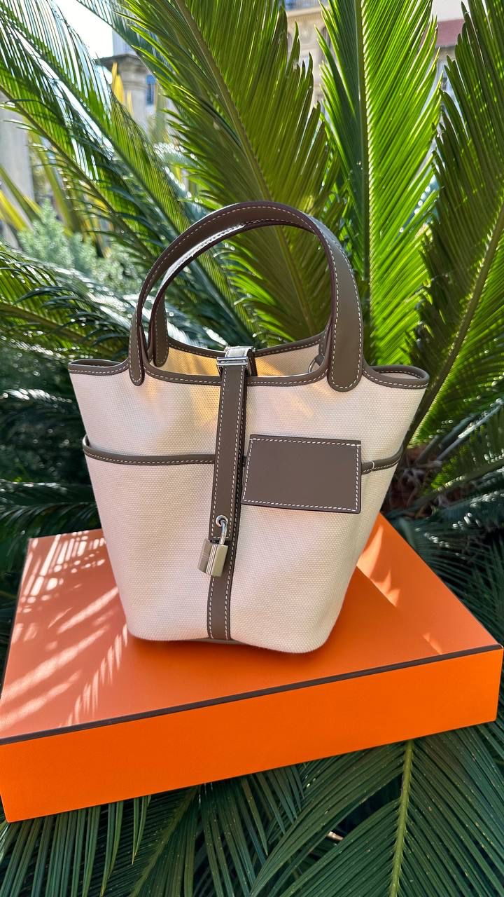 Hermès Sac Picotin Lock 18 Pockets Toile Goéland/veau swift Couleur: Écru/Etoupe、mySite、garminoutage.com