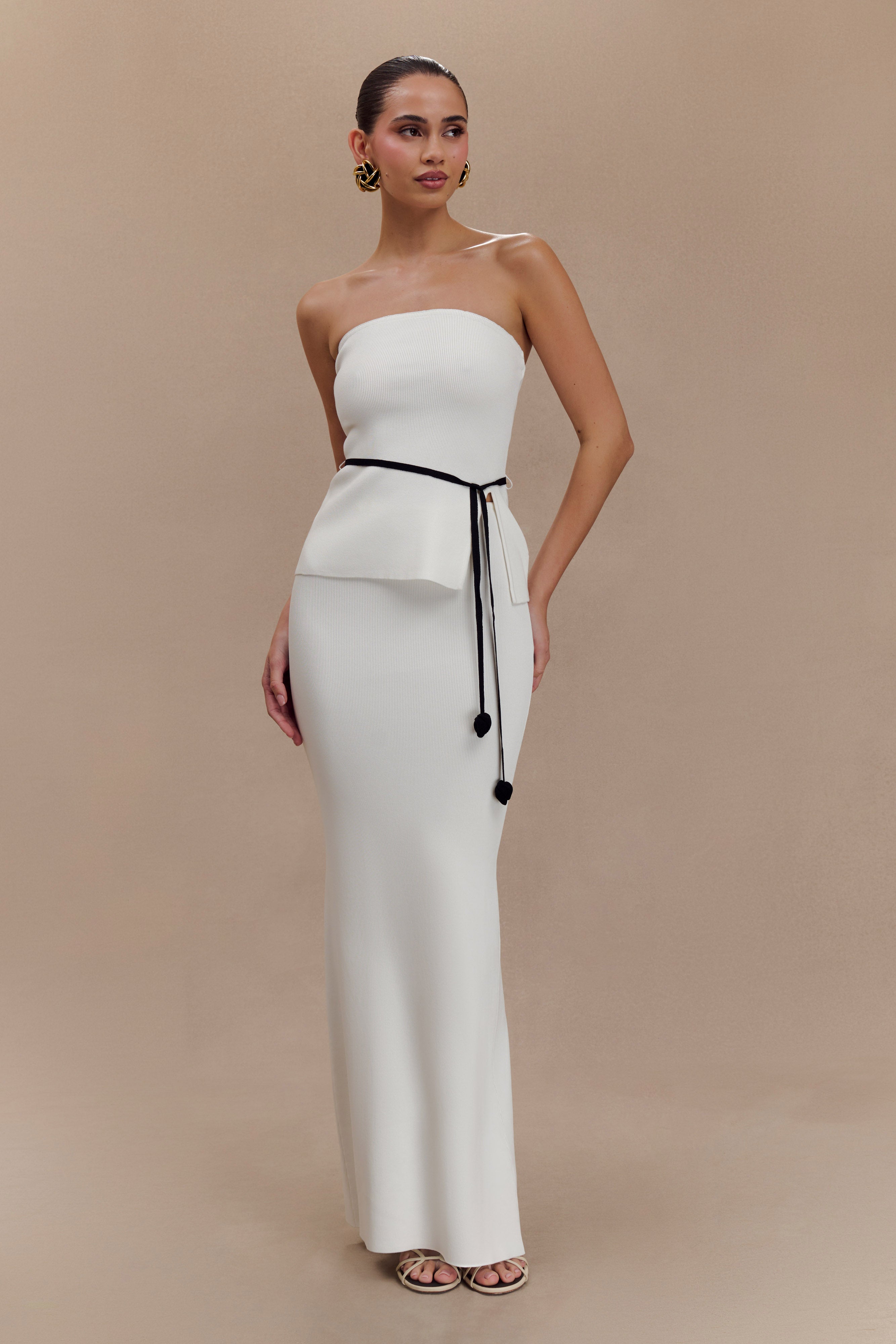 Keaton Fishtail Knit Maxi Skirt - White、mySite、solidvoid