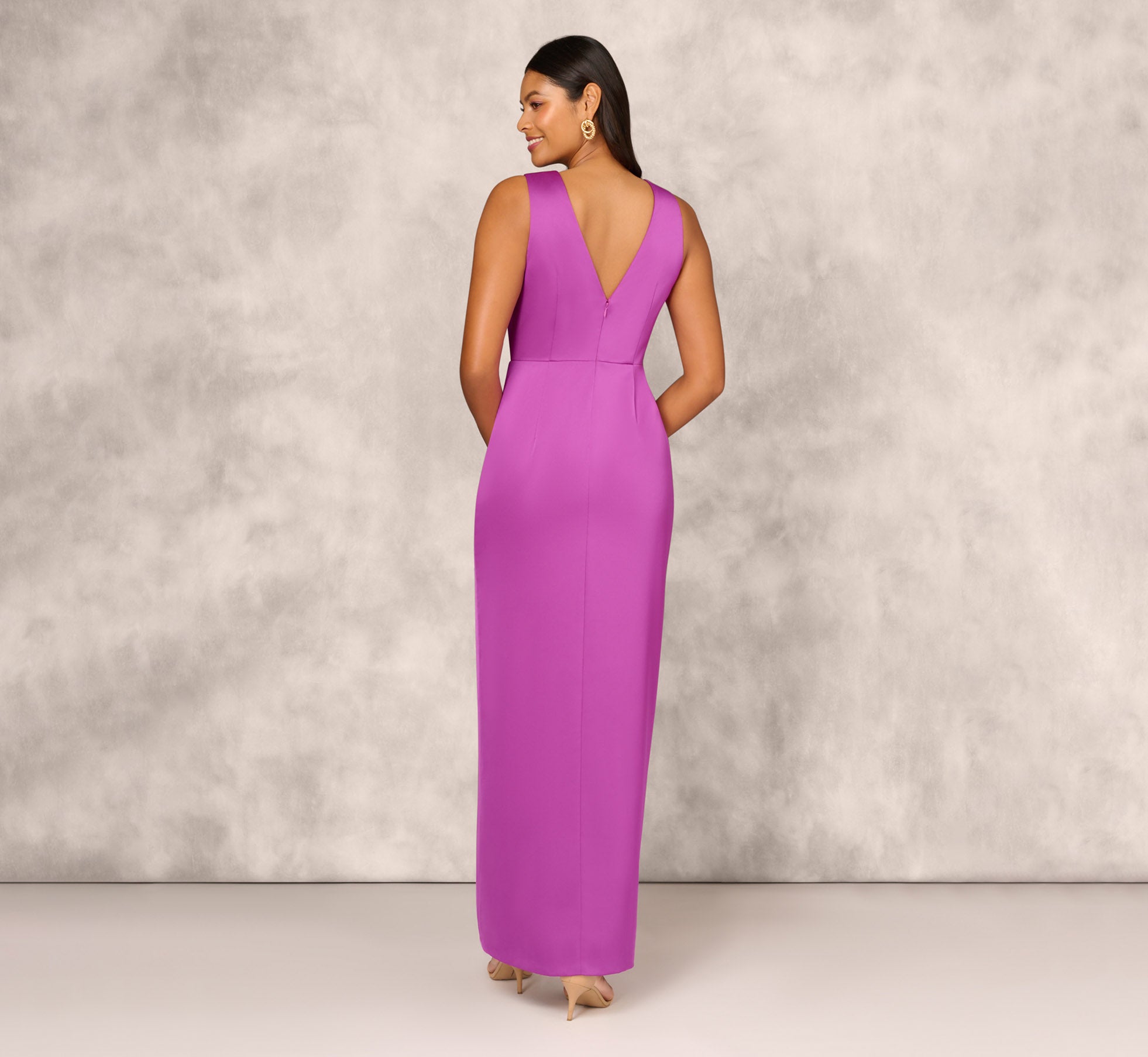 Sleeveless Satin Crepe Column Gown With Bow Waist In Wild Orchid、mySite、solidvoid