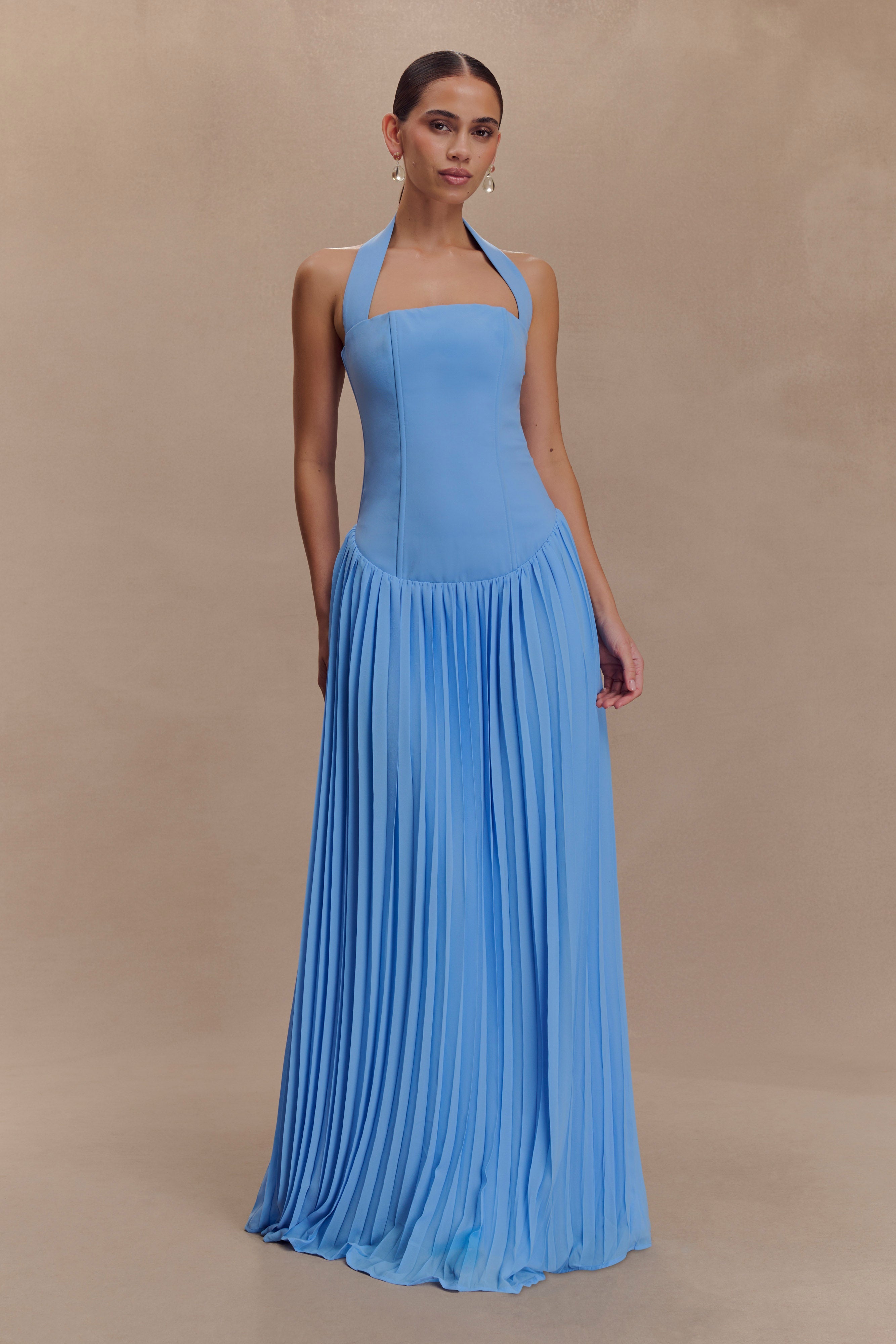 Stacie Pleated Halter Maxi Dress - Bright Blue、mySite、solidvoid