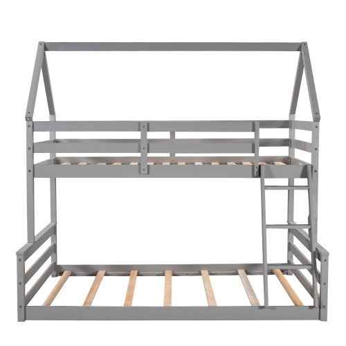 Twin over Twin Low Bunk Bed, House Bed with Ladder , Gray(OLD SKU:WF197808AAE)、、casual
