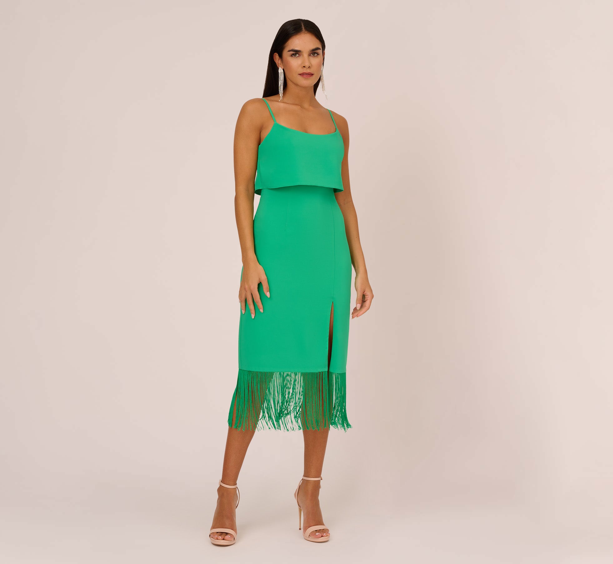 Stretch Crepe Popover Midi Dress With Fringe Hem In Summer Green、mySite、solidvoid