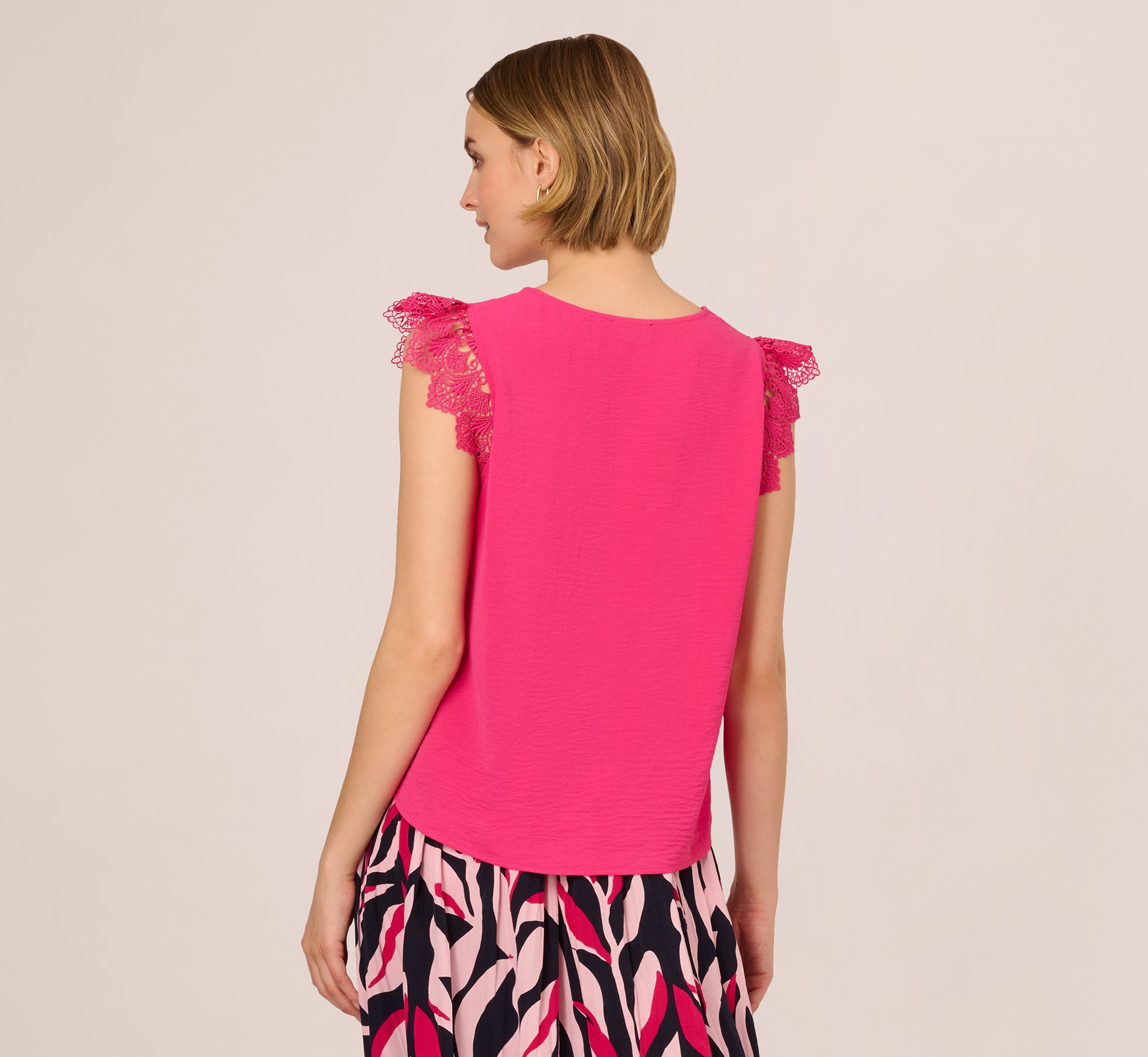 Sleeveless Lace Shoulder Pintucked Top In Hot Pink、mySite、solidvoid