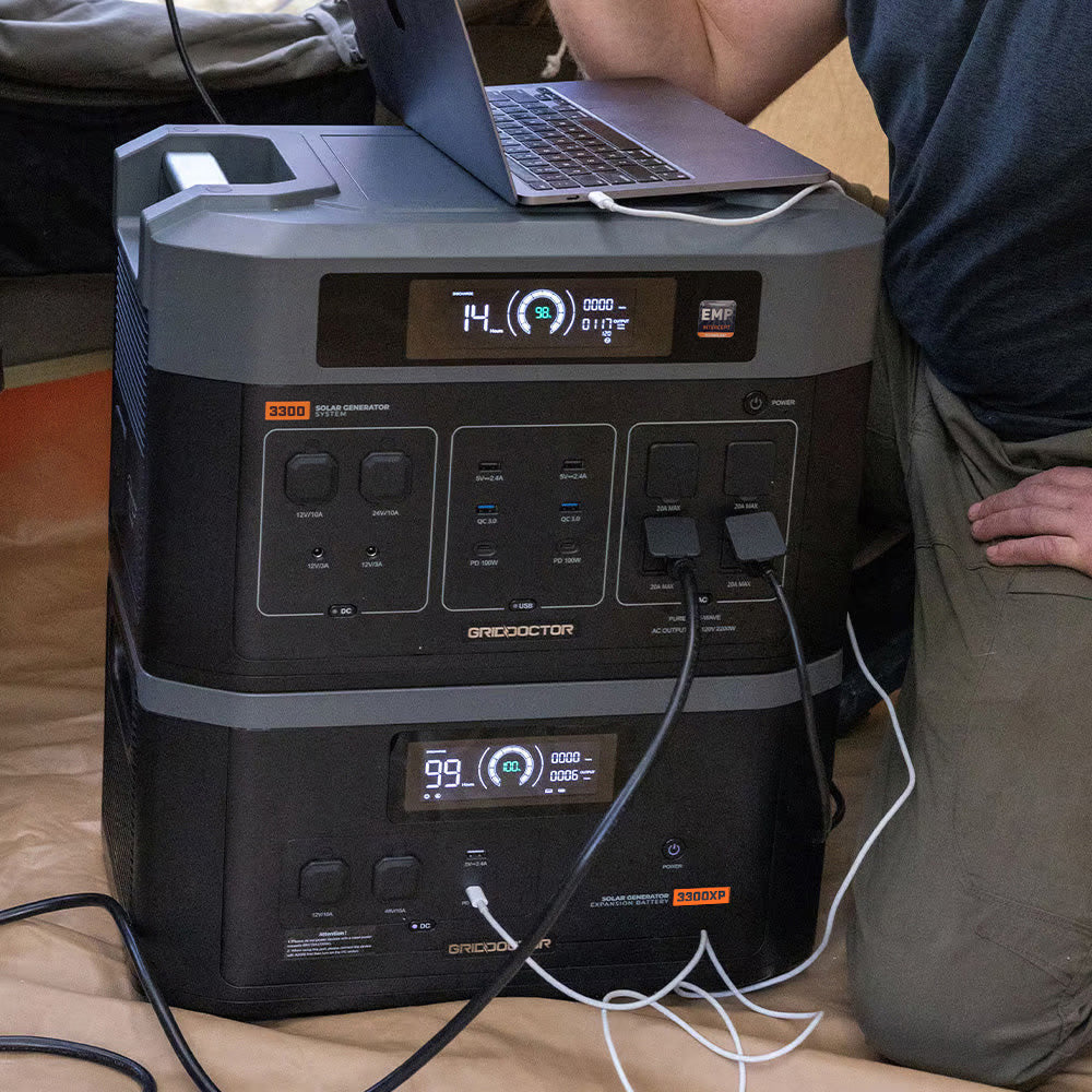 Shows 3300XP battery and 3300 battery powering a laptop.