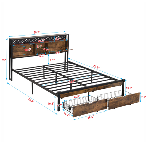 Full Size Metal Platform Bed Frame with Wooden Headboard and with Footboard USB,Charging Station,2 Drawers,storage, LED Lights, No Box Spring Needed, Easy Assemble、、casual