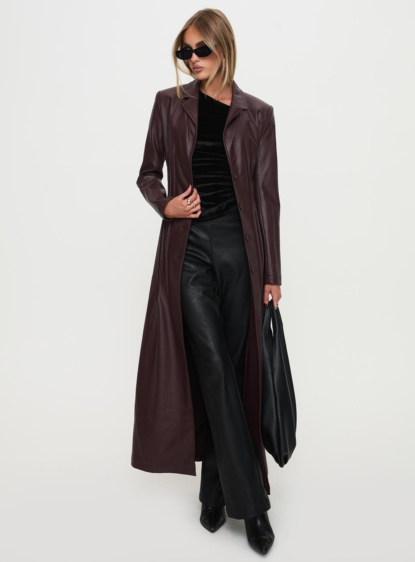 Speak Easy Long Line Faux Leather Coat Burgundy、mySite、solidvoid