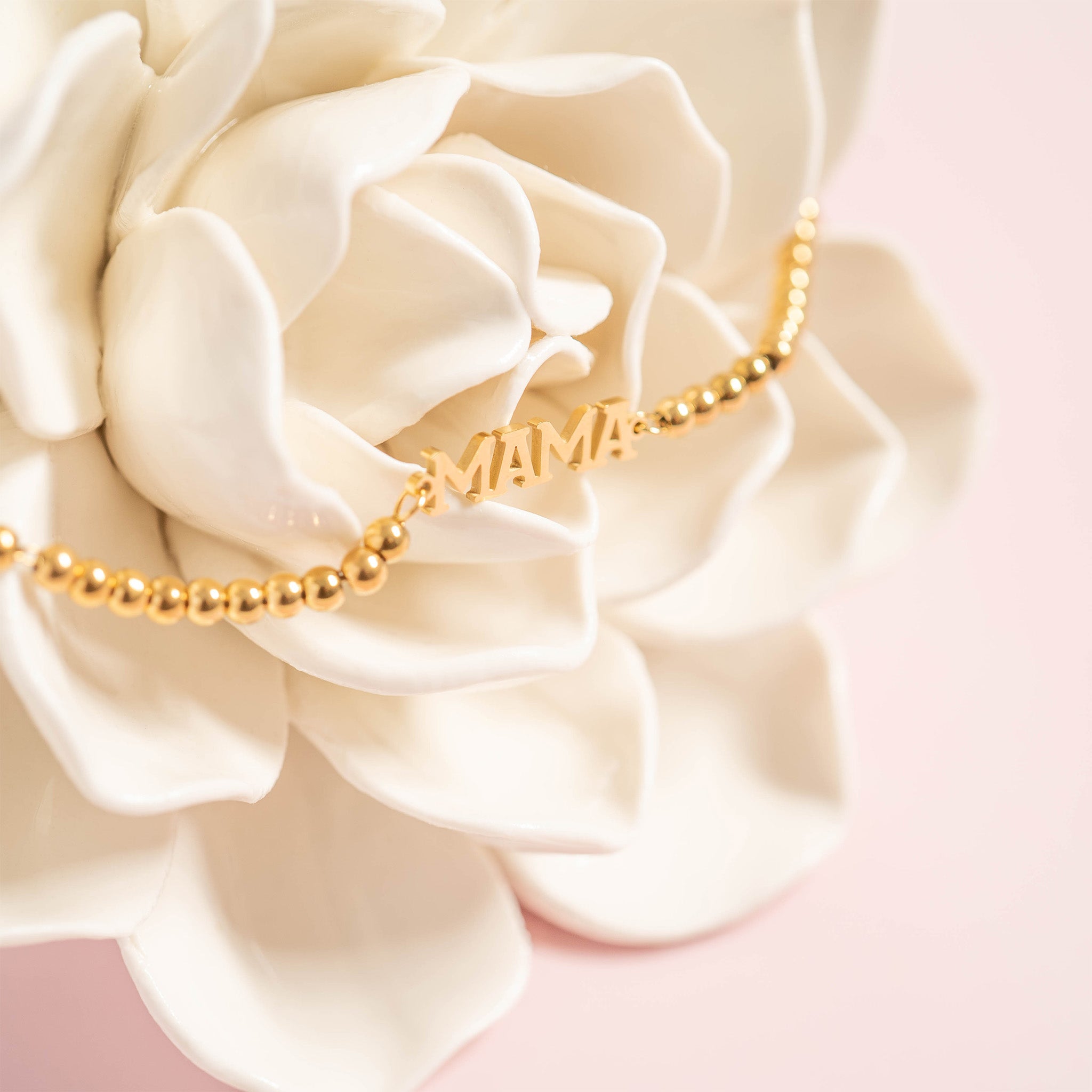 18K Gold PVD Stainless Steel Mama Beaded Bracelet / BRJ1053、mySite、dreamappss