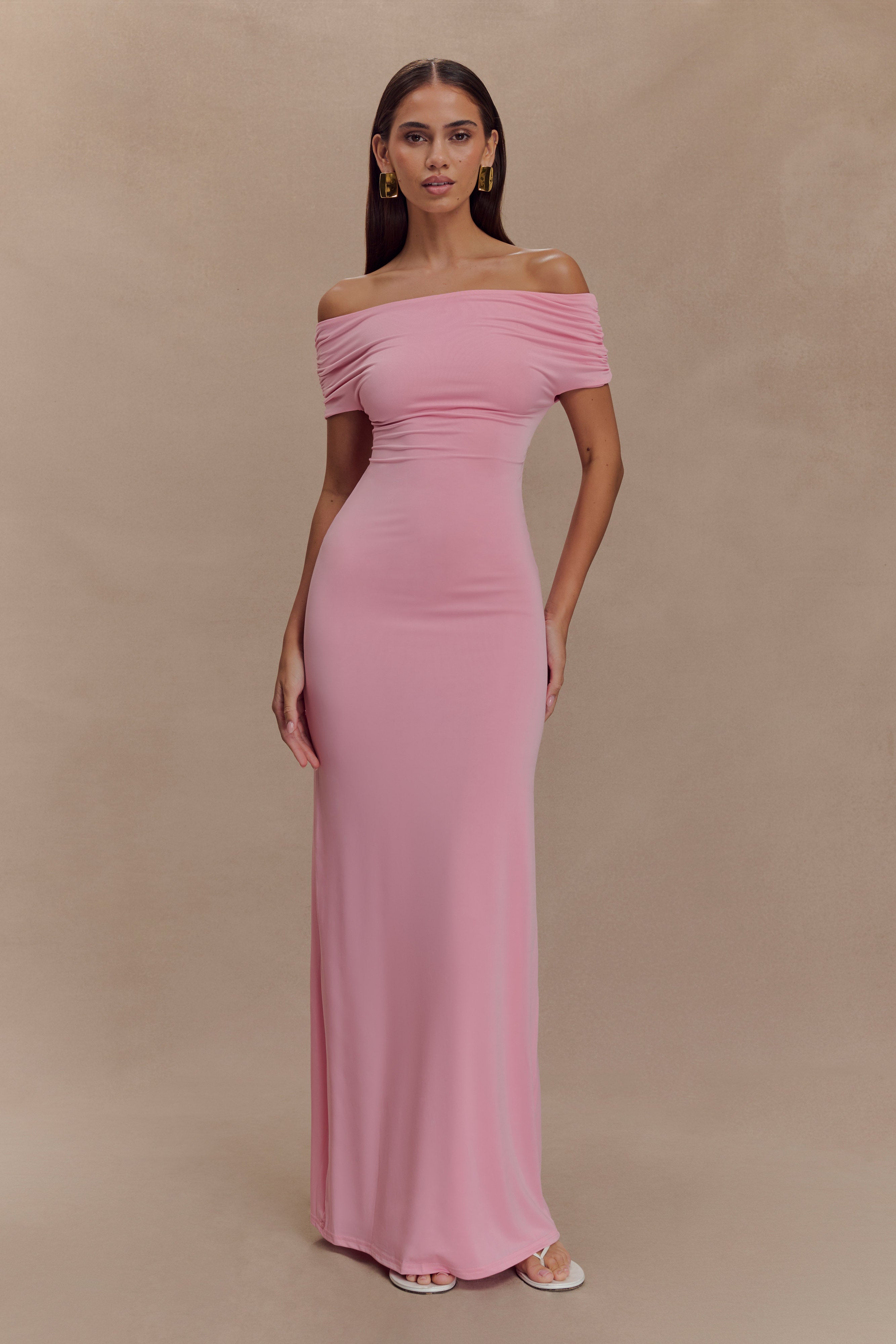Imogen Off Shoulder Slinky Maxi Dress - Candy Pink、mySite、solidvoid