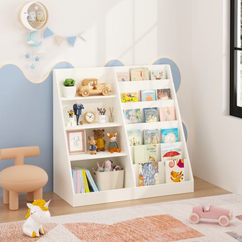 Kids Bookshelf and Toy Storage Organizer, Multifunctional 4 Tier Wooden Kids Book Shelf with Bookcase Display Stand in Kids Room Playroom Nursery for Kids, Children, Toddlers (White)、、casual