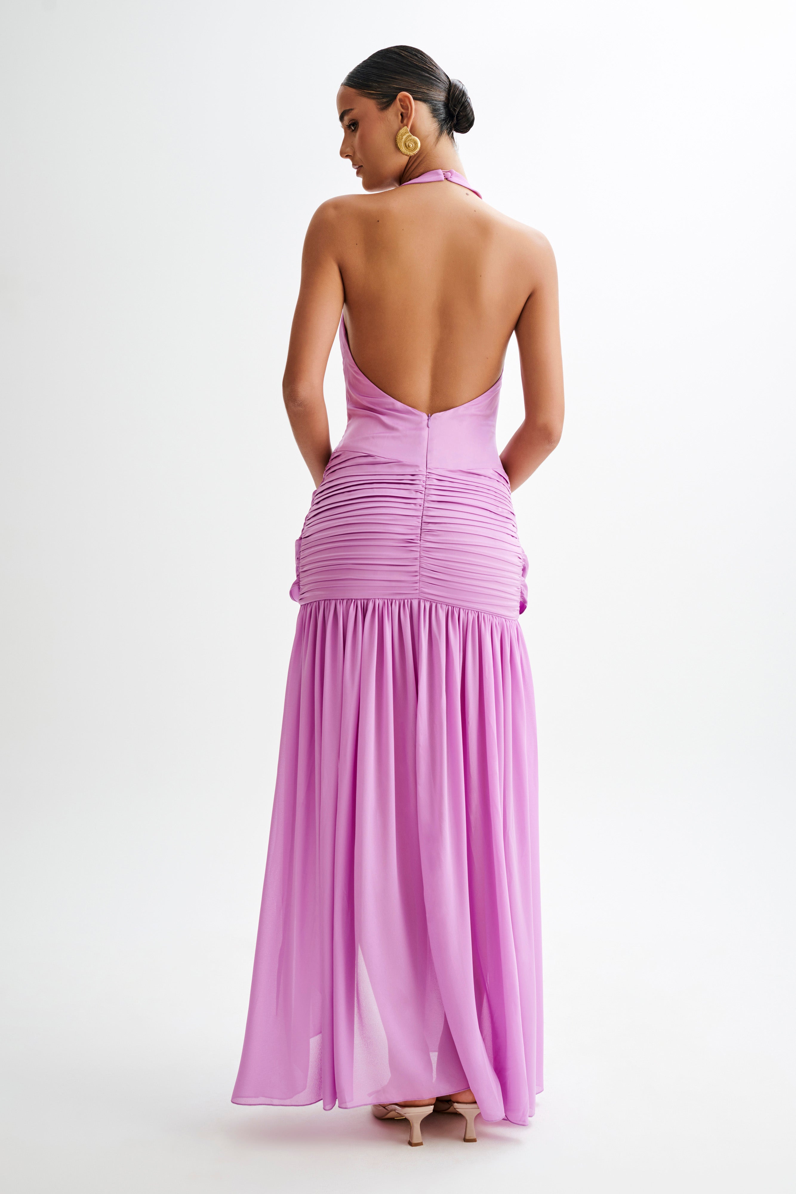 Graziana Satin Chiffon Plunge Maxi Dress - Violet、mySite、solidvoid