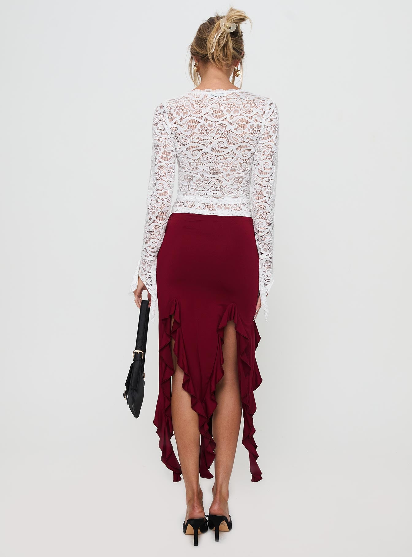 Peachey Asymmetric Ruffle Midi Skirt Burgundy、mySite、solidvoid