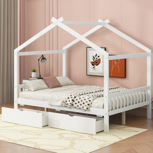 Twin Size House Platform Bed with Headboard and Footboard,Roof Design,Natural、、casual