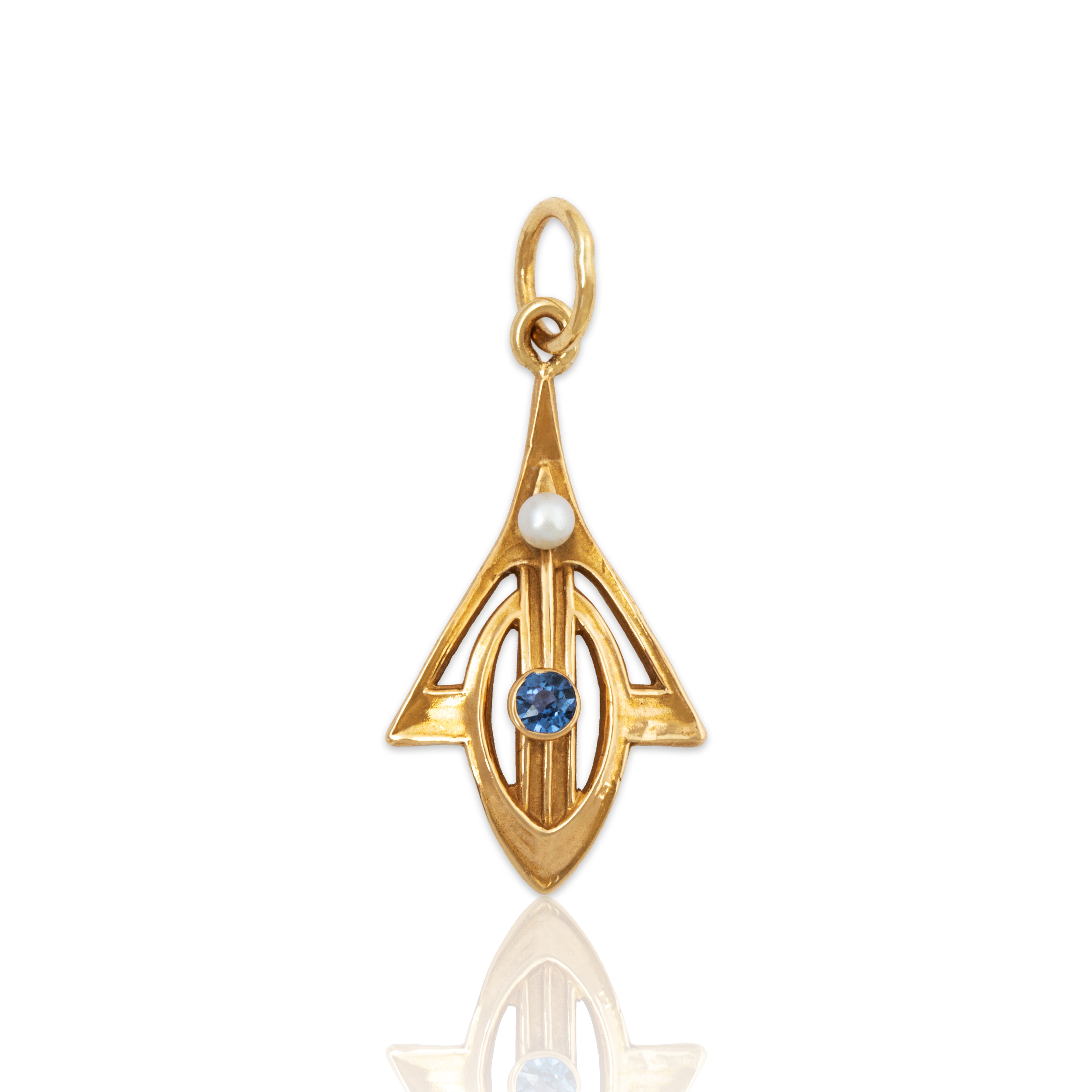 Antique Art Deco 14k Yellow Gold Blue Synthetic Sapphire Pearl Charm / Pendant、mySite、hinf8tx79