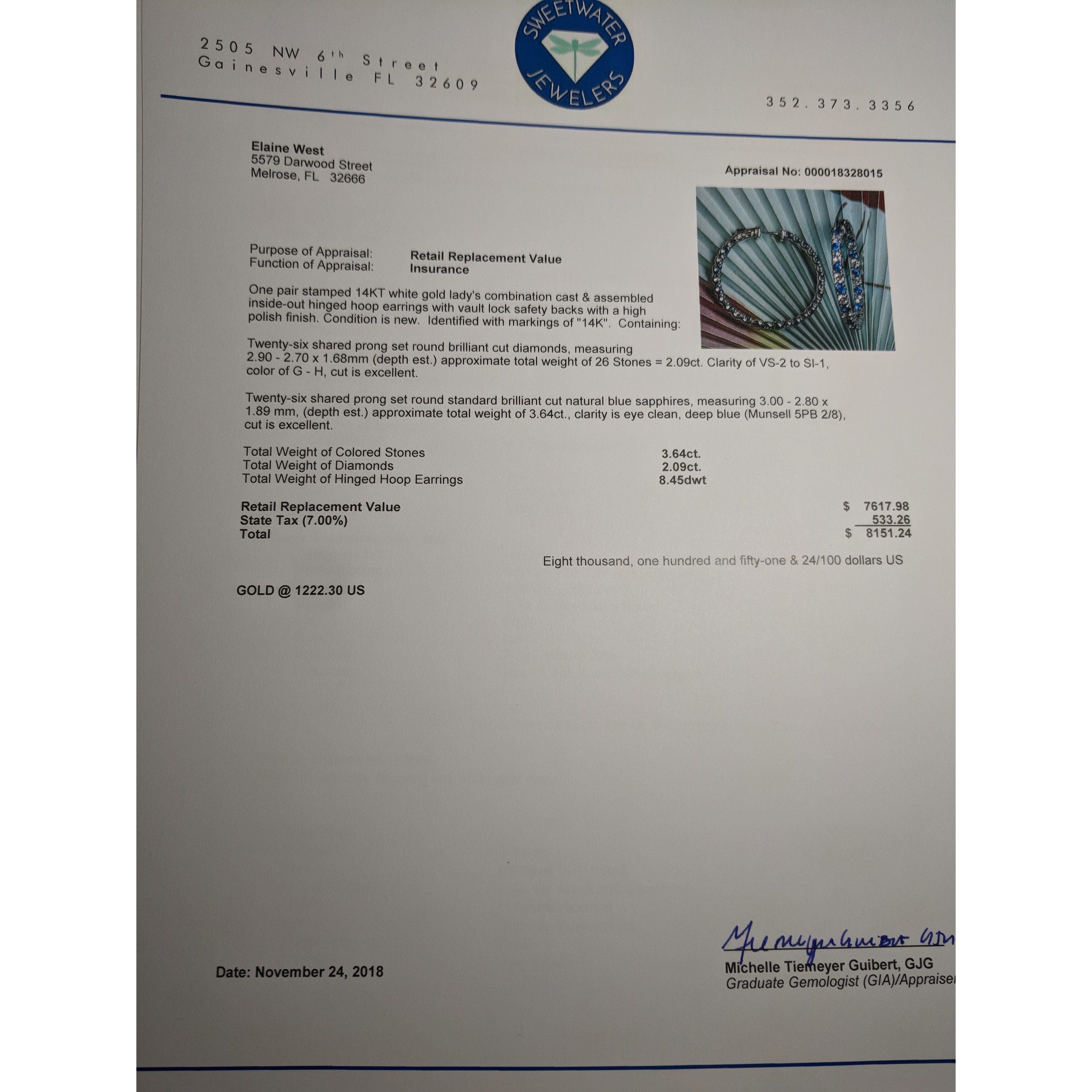 Diamond and Blue Sapphire Hoop Earrings in 14K White Gold, Made in the USA、mySite、g9winljtr