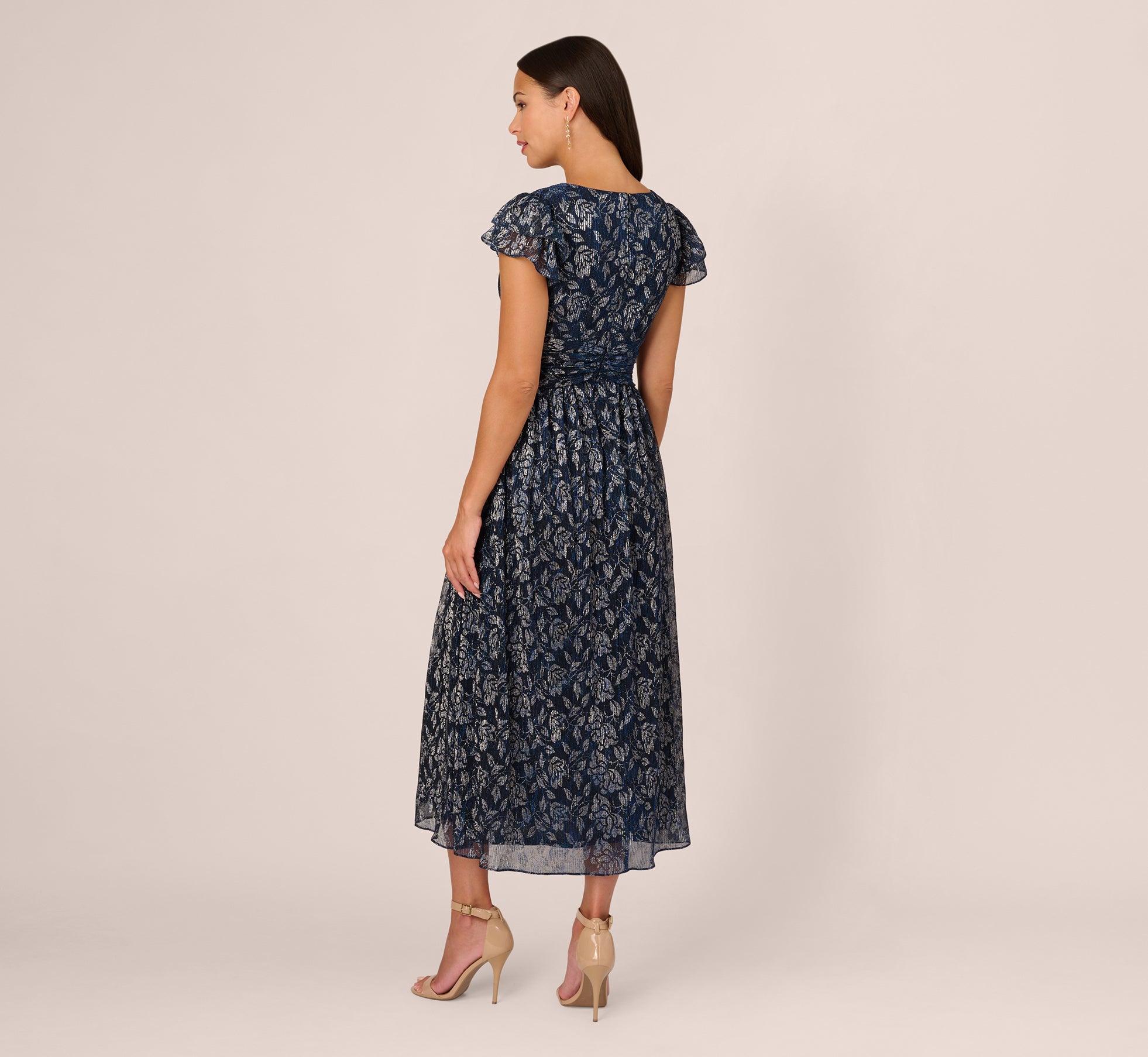 Floral Metallic Crinkle Ankle Length Dress With Flutter Sleeves In Navy Silver、mySite、solidvoid
