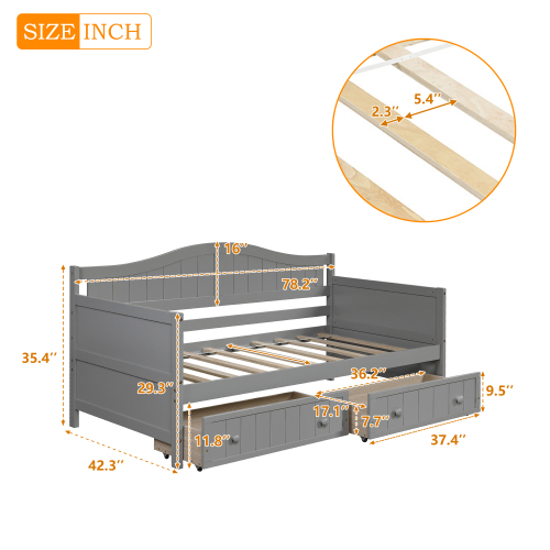 Twin Wooden Daybed with 2 drawers, Sofa Bed for Bedroom Living Room,No Box Spring Needed,White、、casual