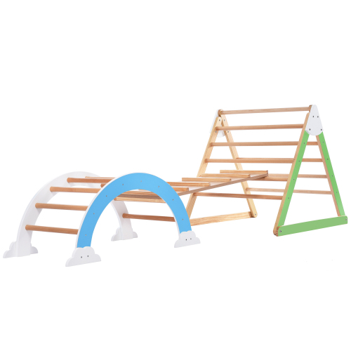 Wooden Climbing Triangle Toys - Indoor Arc Climber Jungle with Ramp and Arch Toy Rocker, Reversible Multifunction Playset Natural Wood Playground、、casual