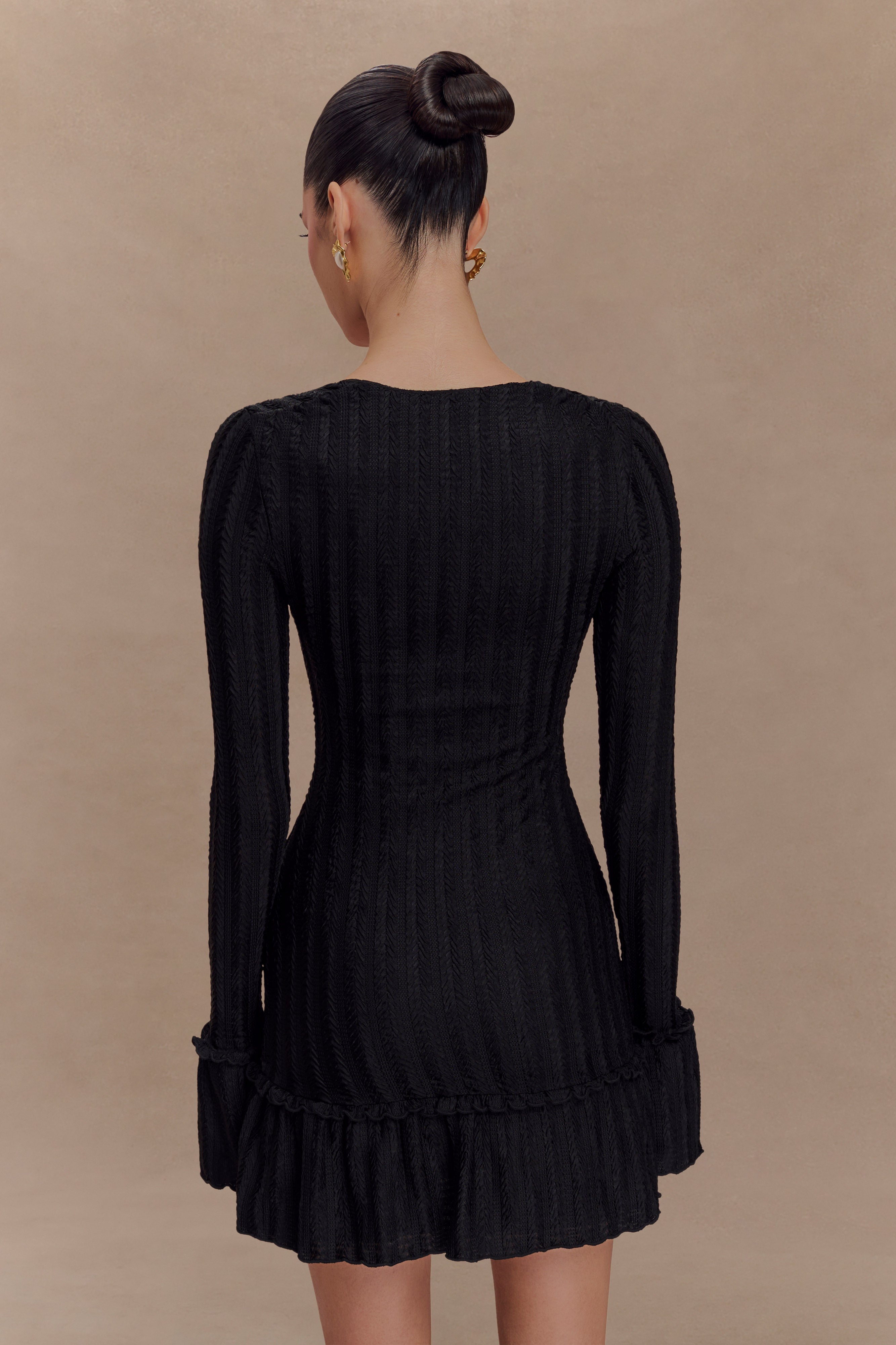 Daphne Pointelle Long Sleeve Mini Dress - Black、mySite、solidvoid