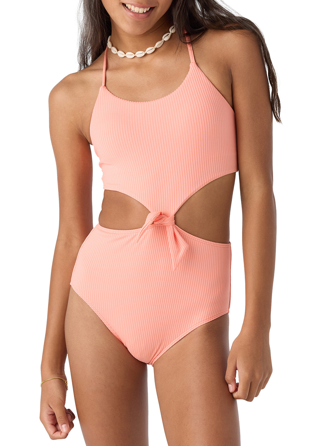 O'Neill Girls' Dawnbreak Rib Knot Front One Piece Swimsuit (Big Kid)、mySite、noshort