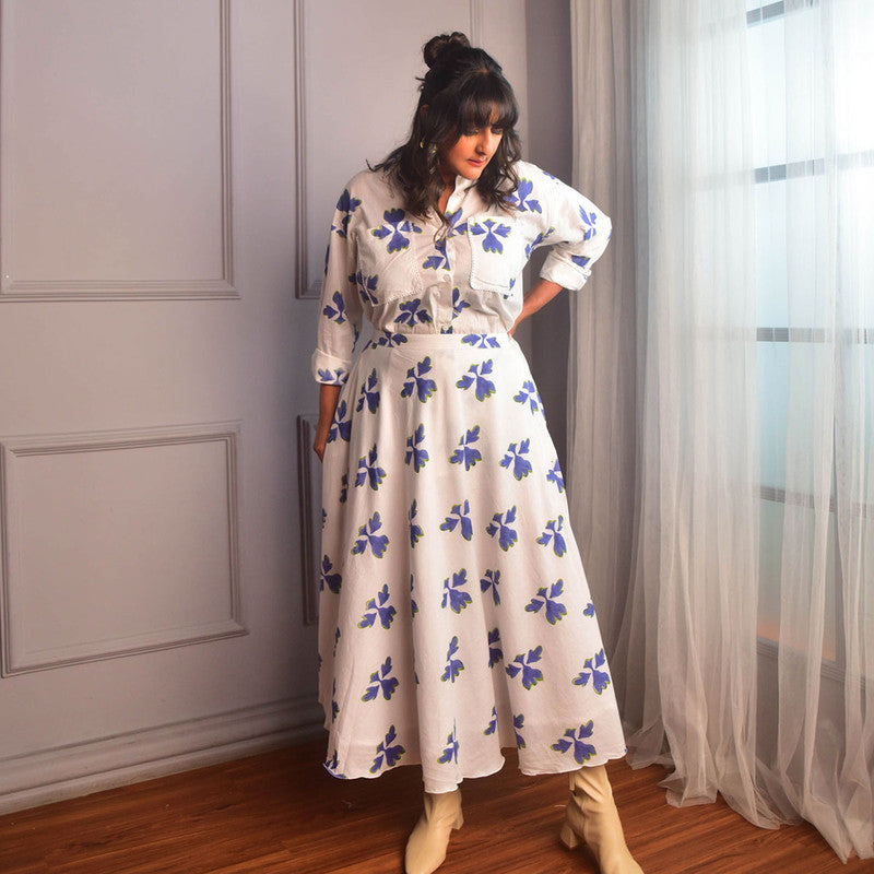 Cotton Co Ord Set For Women | Shirt & Skirt | Floral Block Print | White、mySite、camillekostekn