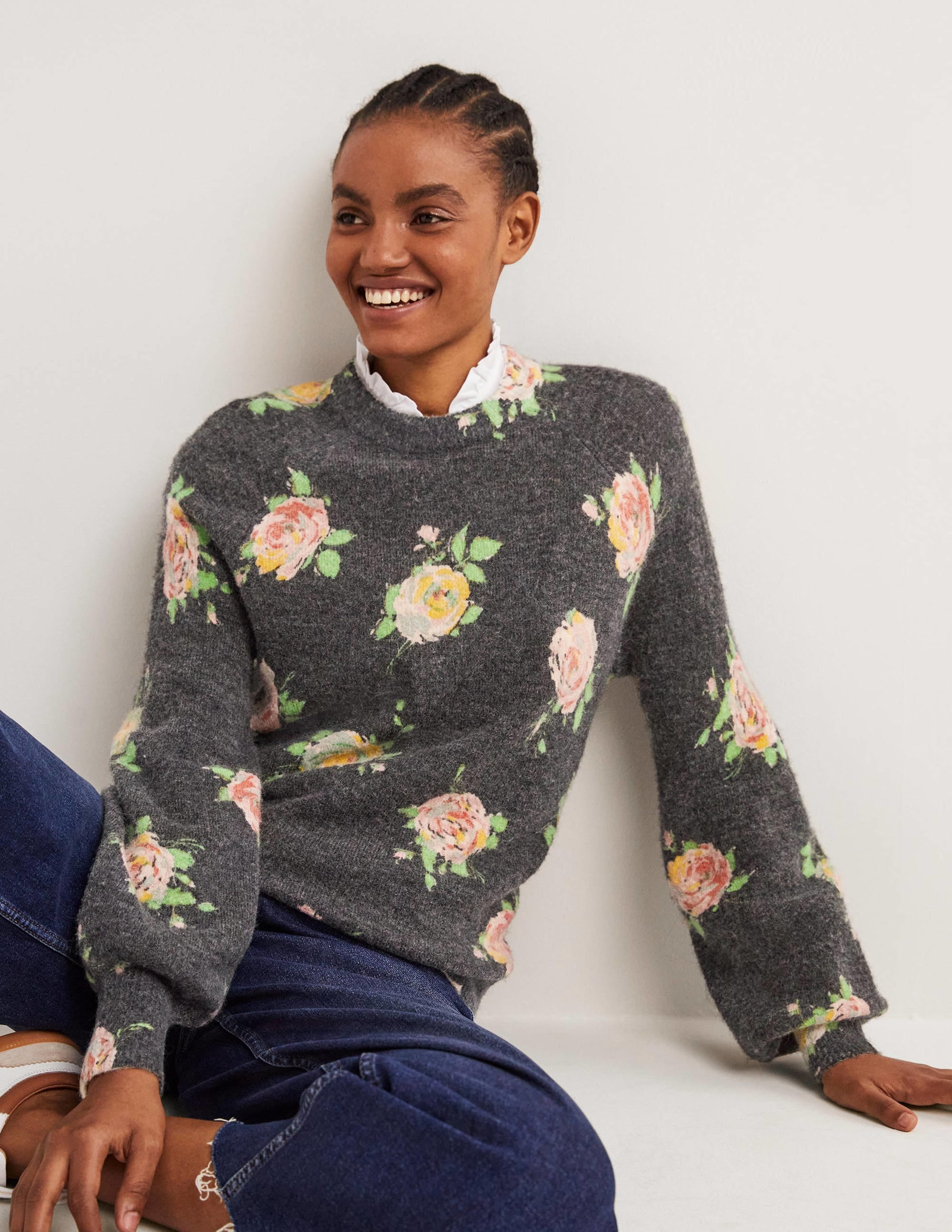  Blouson Sleeve Fluffy Sweater-Black, Painterly Rose、mySite、ashleygrahame