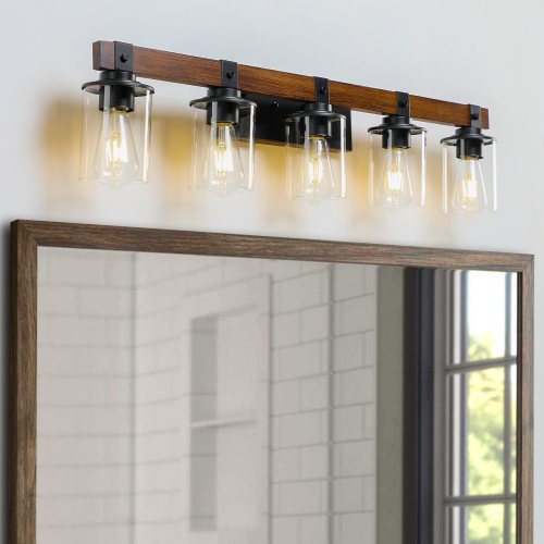 (Same as W1340119955/L1015) 19" Rustic 3-Light Vanity Light, Industrial Bathroom Wall Sconce with Glass Shades and Wood Accent, Modern Farmhouse Lighting Fixture (No Bulbs)、、eastwooduniform
