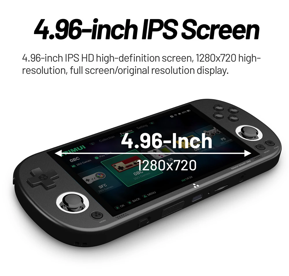 TRIMUI Smart Pro Handheld Game Console, 4.96-inch IPS Screen, Linux OS, 1GB RAM 8GB Storage 64GB TF Card, 5 Hours Playtime - Black