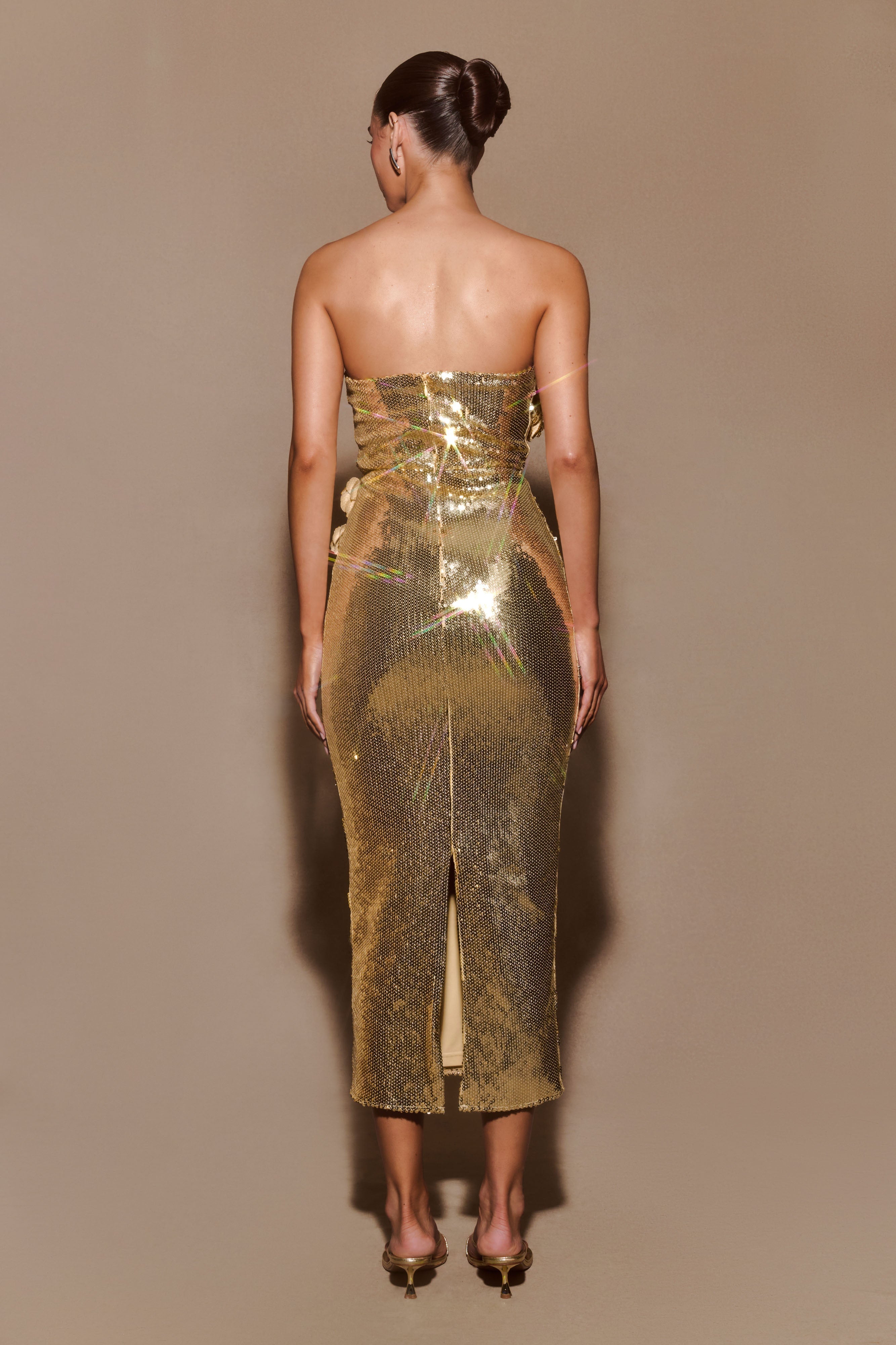 Cassia Strapless Sequin Rose Midi Dress - Gold、mySite、solidvoid
