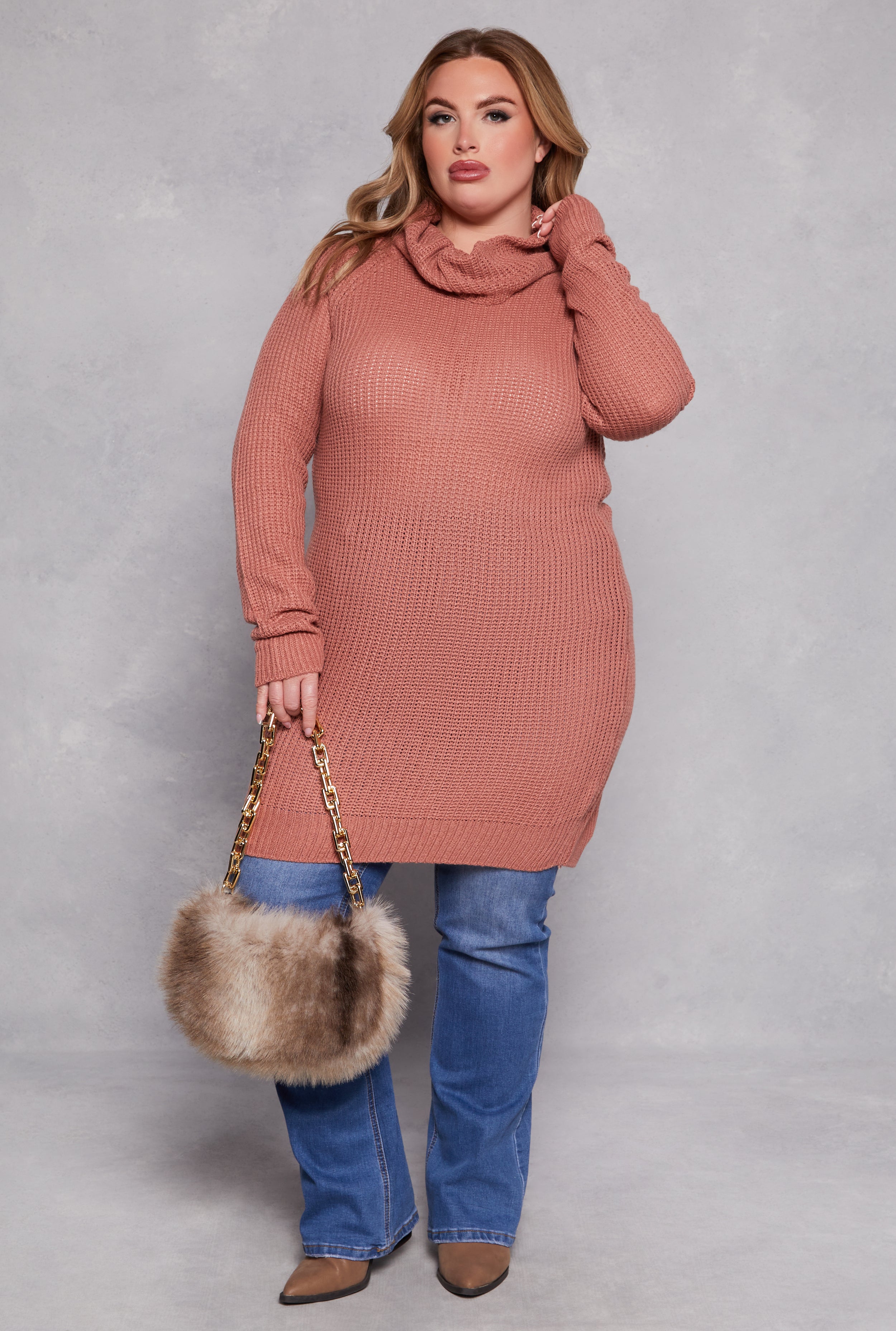 Plus Size Turtle Neck Tunic Sweater、mySite、camillekostekn
