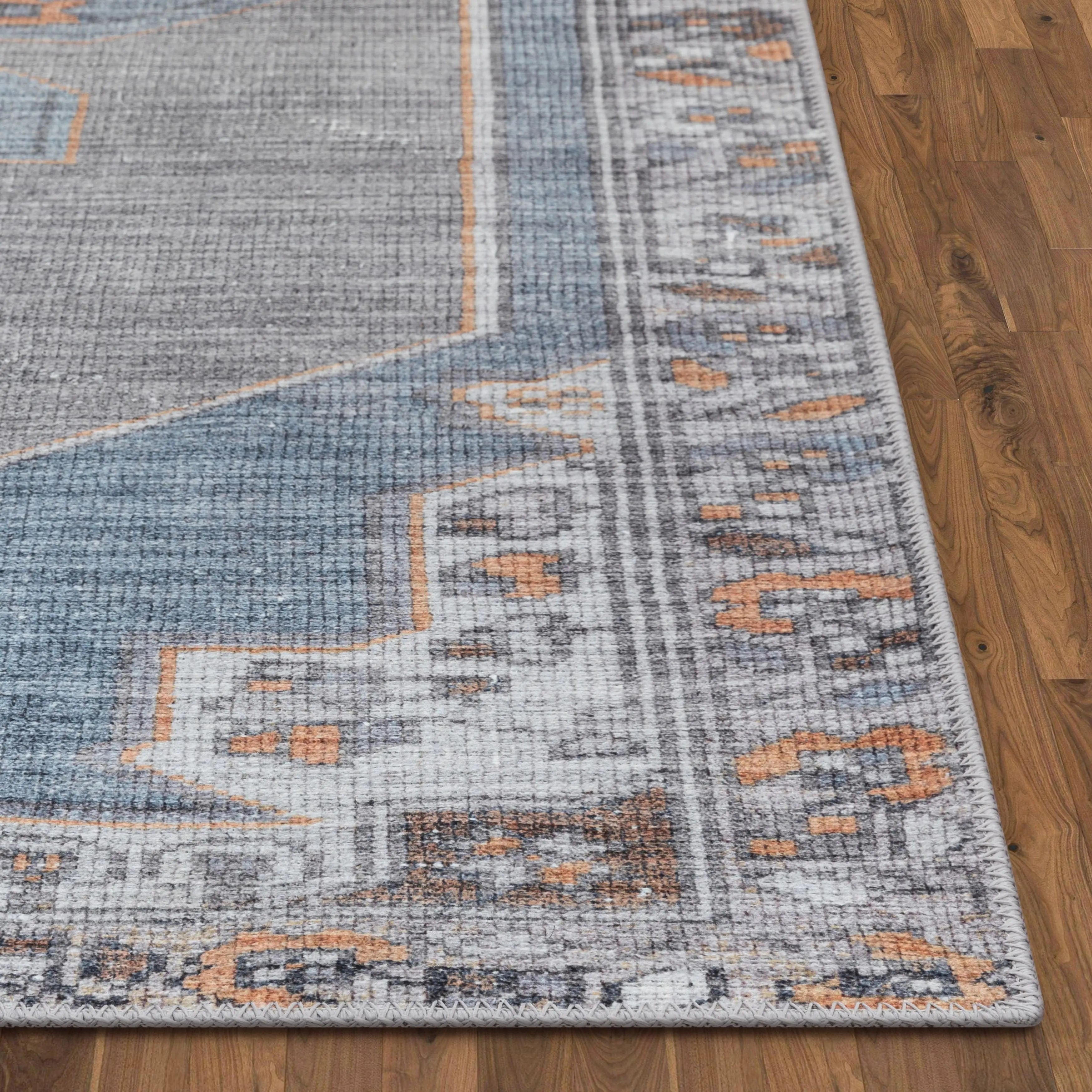 Cambria Machine Washable Vintage Medallion Oriental Light Blue Flat-Weave Distressed 5'3 x 7'3 Rug、mySite、gigharbornorthrealestate