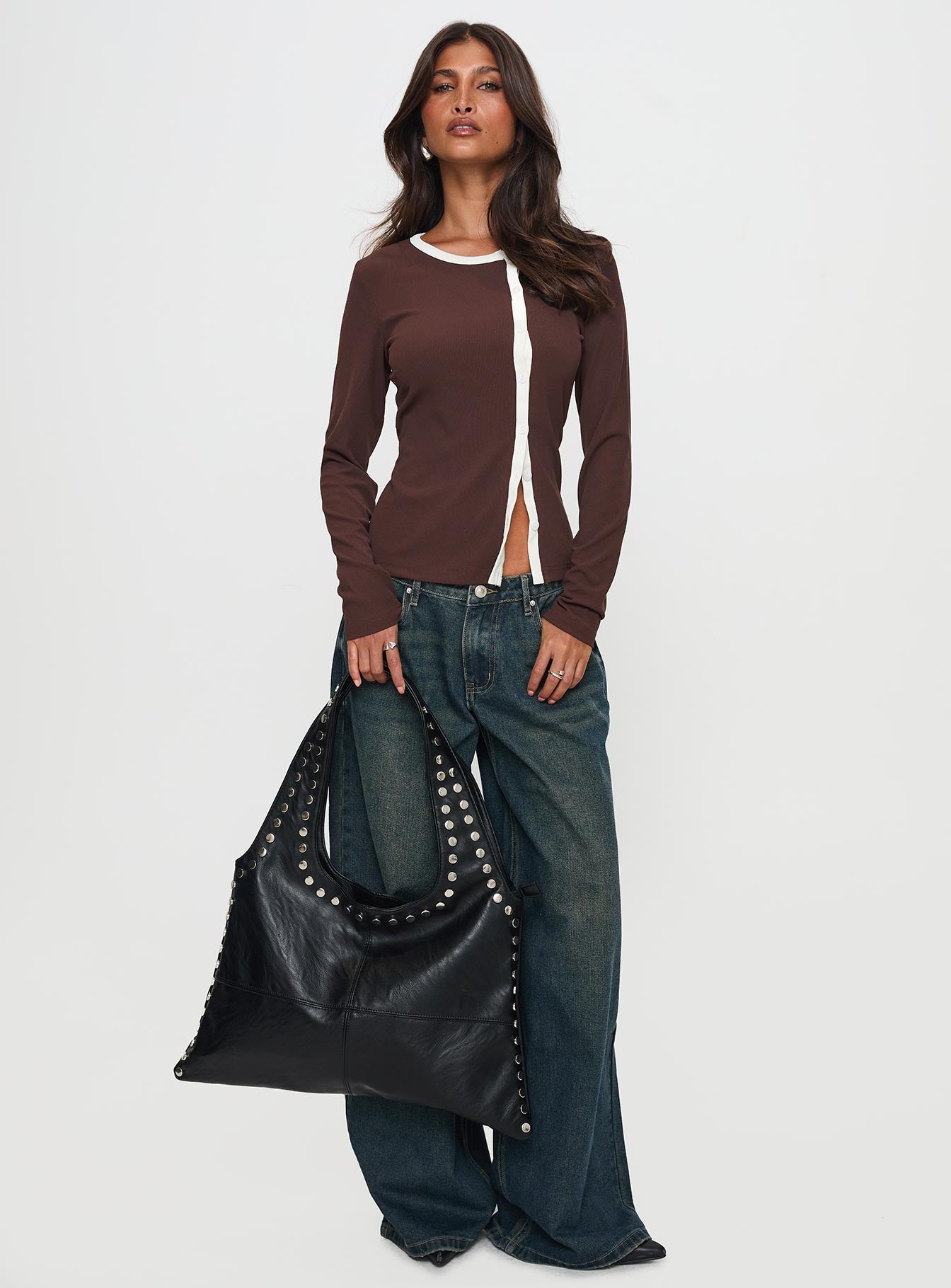 Phaidra Button Up Long Sleeve Top Brown、mySite、solidvoid