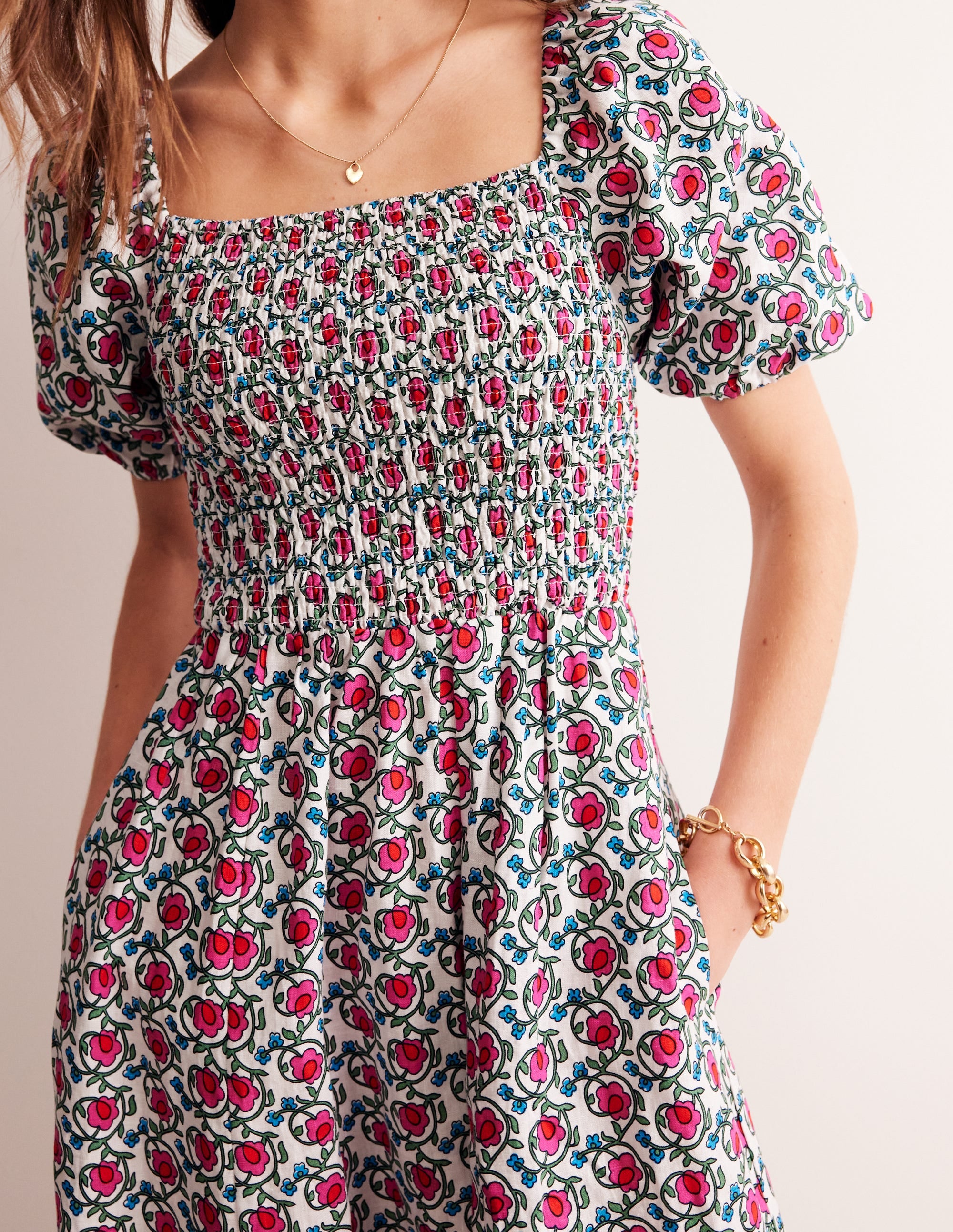  Sky Smocked Linen Midi Dress-Pop Pansy, Foliage Terrace、mySite、ashleygrahame