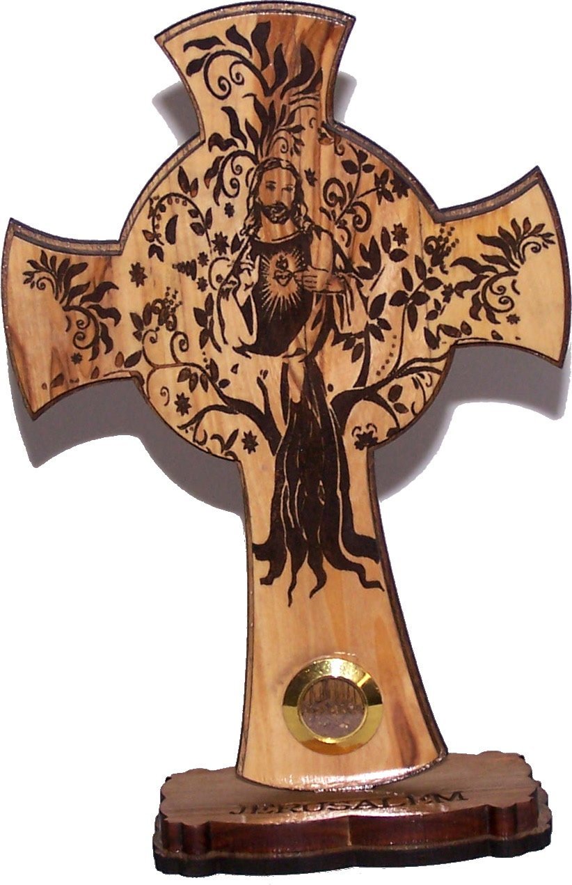  Holy Land Market Sacred Heart of Jesus with Jerusalem Sample Layered Olive Wood Cross Carved by Laser - Standing (12 cm or 5 inches) Small/Certificate、mySite、elrpsem3k