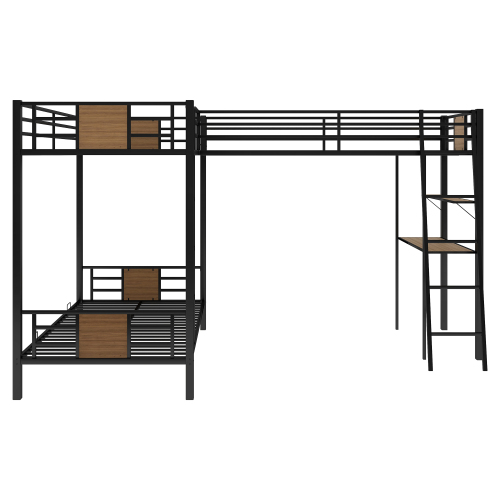 L-Shaped Twin over Twin Bunk Bed with Twin Size Loft Bed with Desk and Shelf ,Brown、、casual